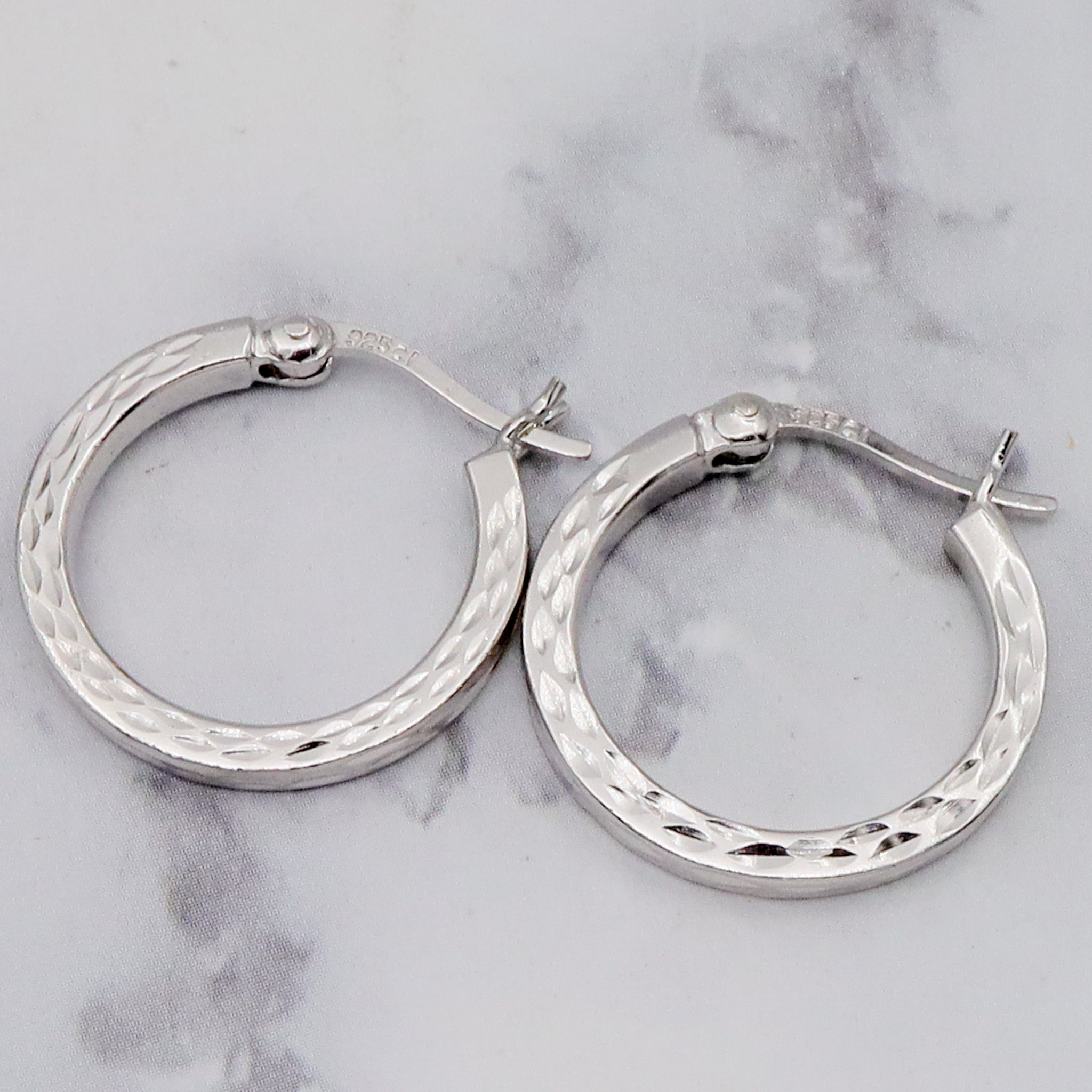 Vintage diamond etched sterling hoop earrings