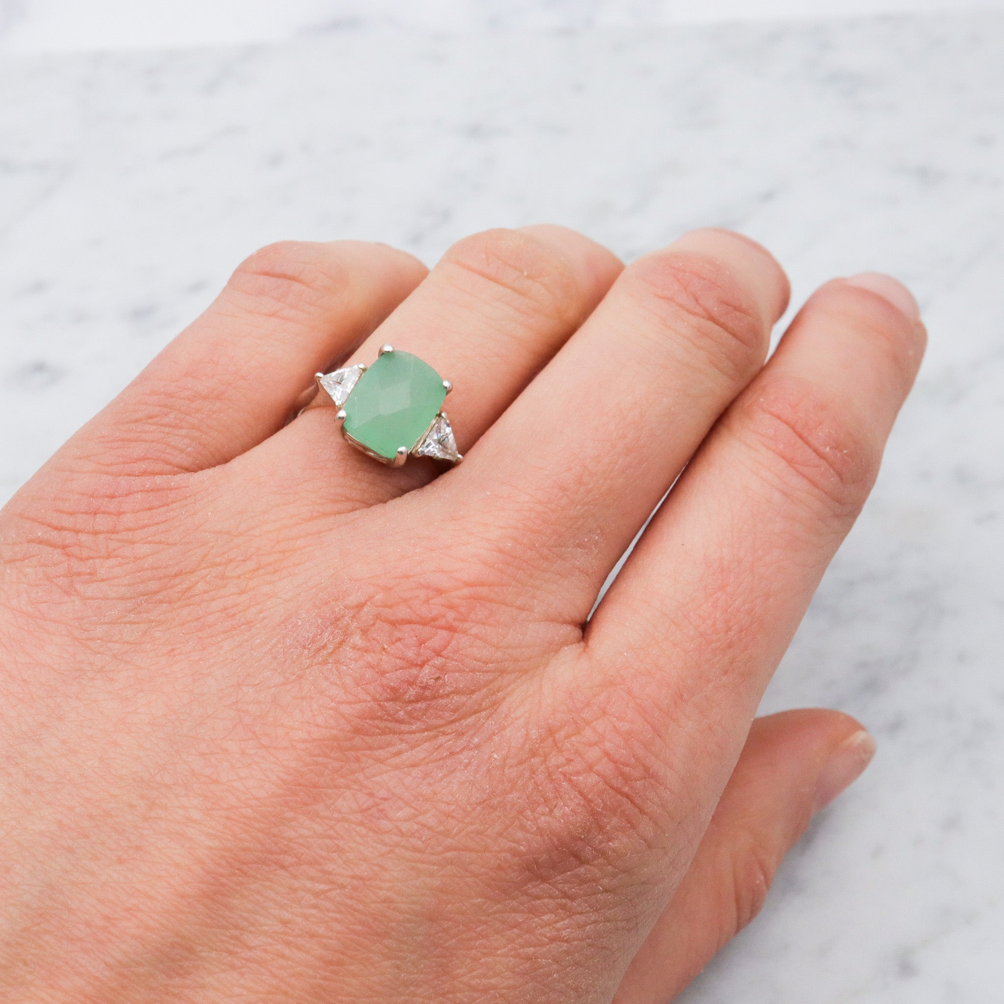 Vintage sterling silver chalcedony & cubic zirconia cocktail ring, sz 7