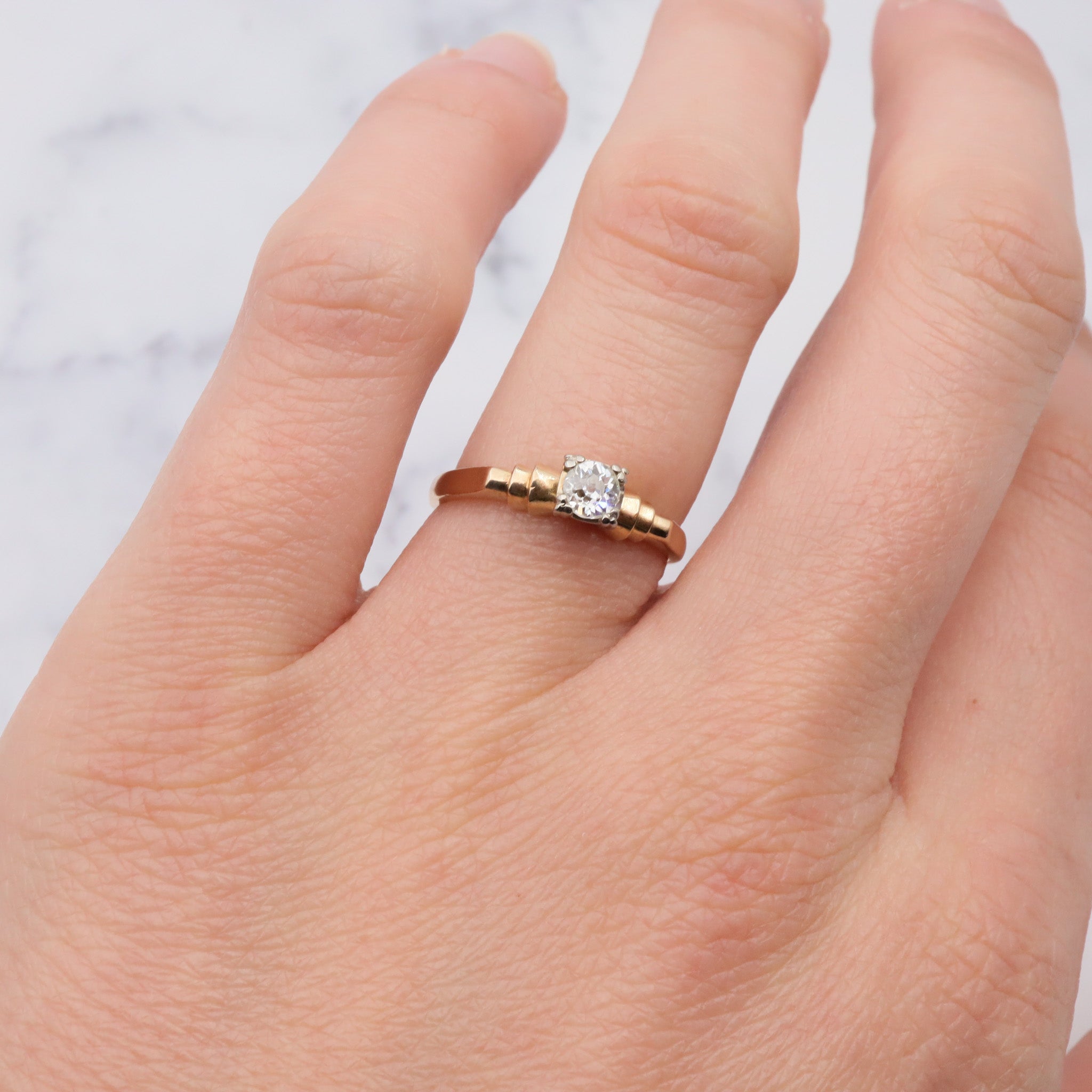 Antique Deco 14K Gold Old European Cut Solitaire Diamond Ring - Size 6