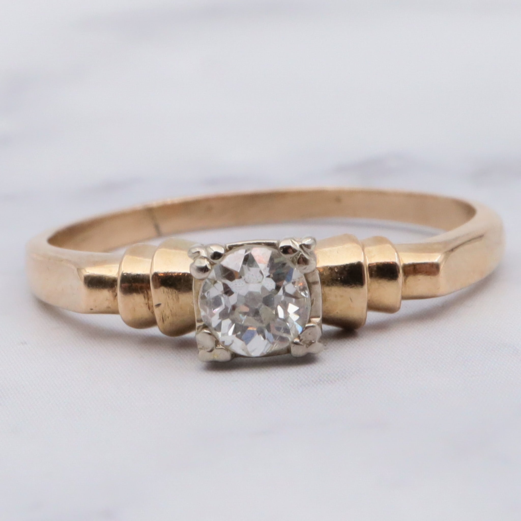 Antique Deco 14K Gold Old European Cut Solitaire Diamond Ring - Size 6