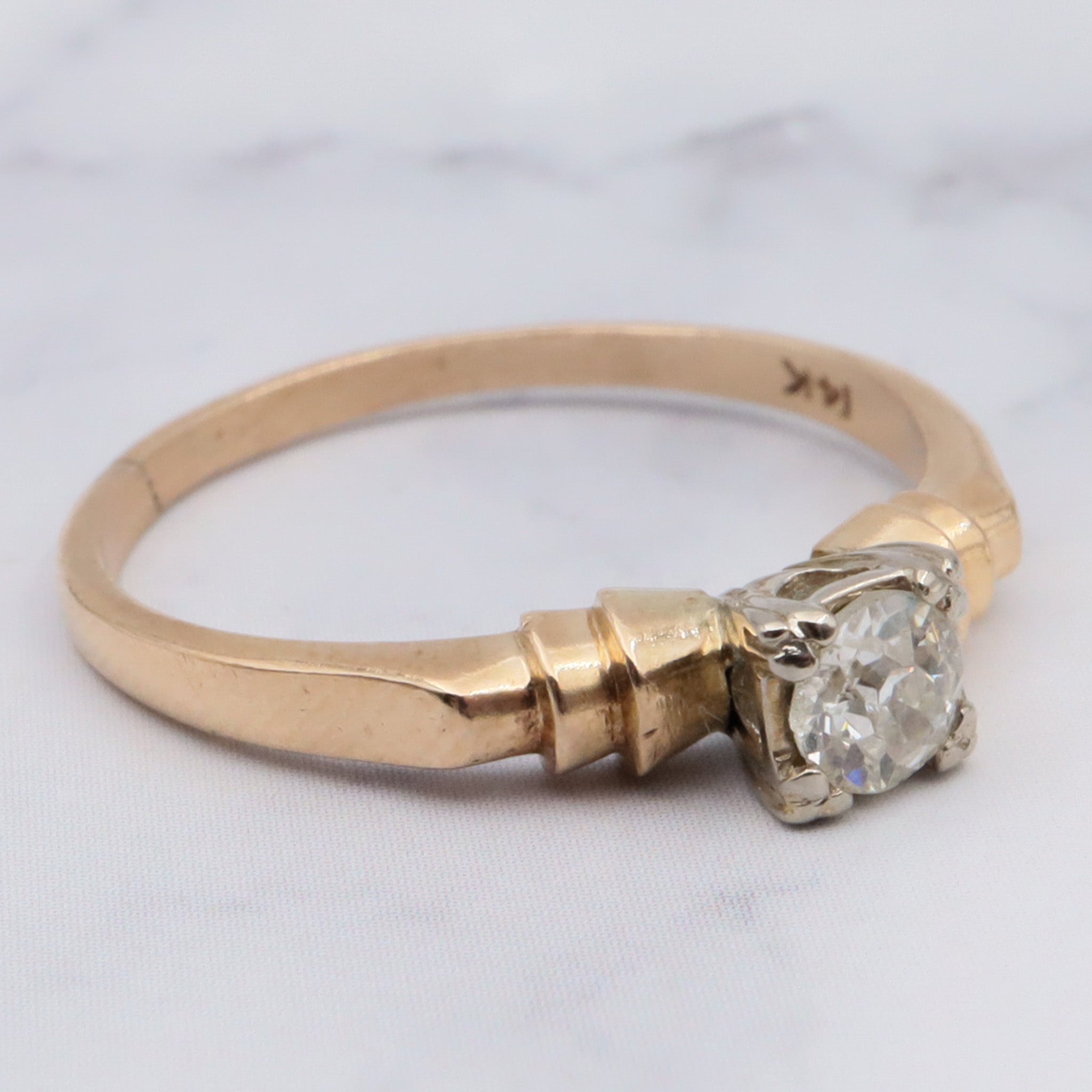 Antique Deco 14K Gold Old European Cut Solitaire Diamond Ring - Size 6