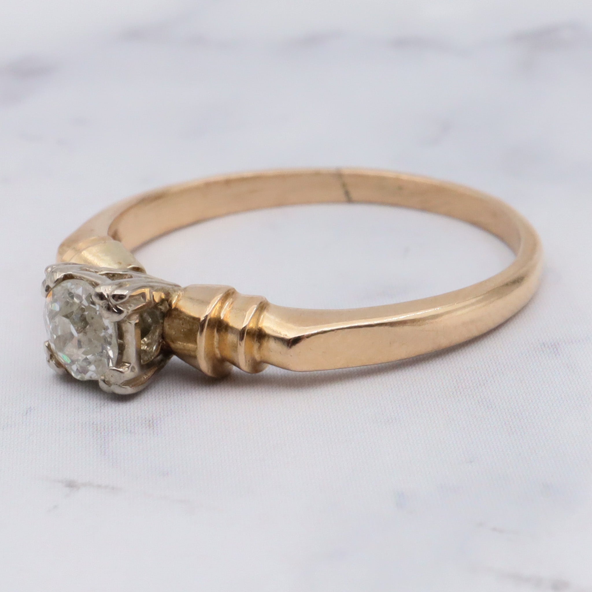 Antique Deco 14K Gold Old European Cut Solitaire Diamond Ring - Size 6