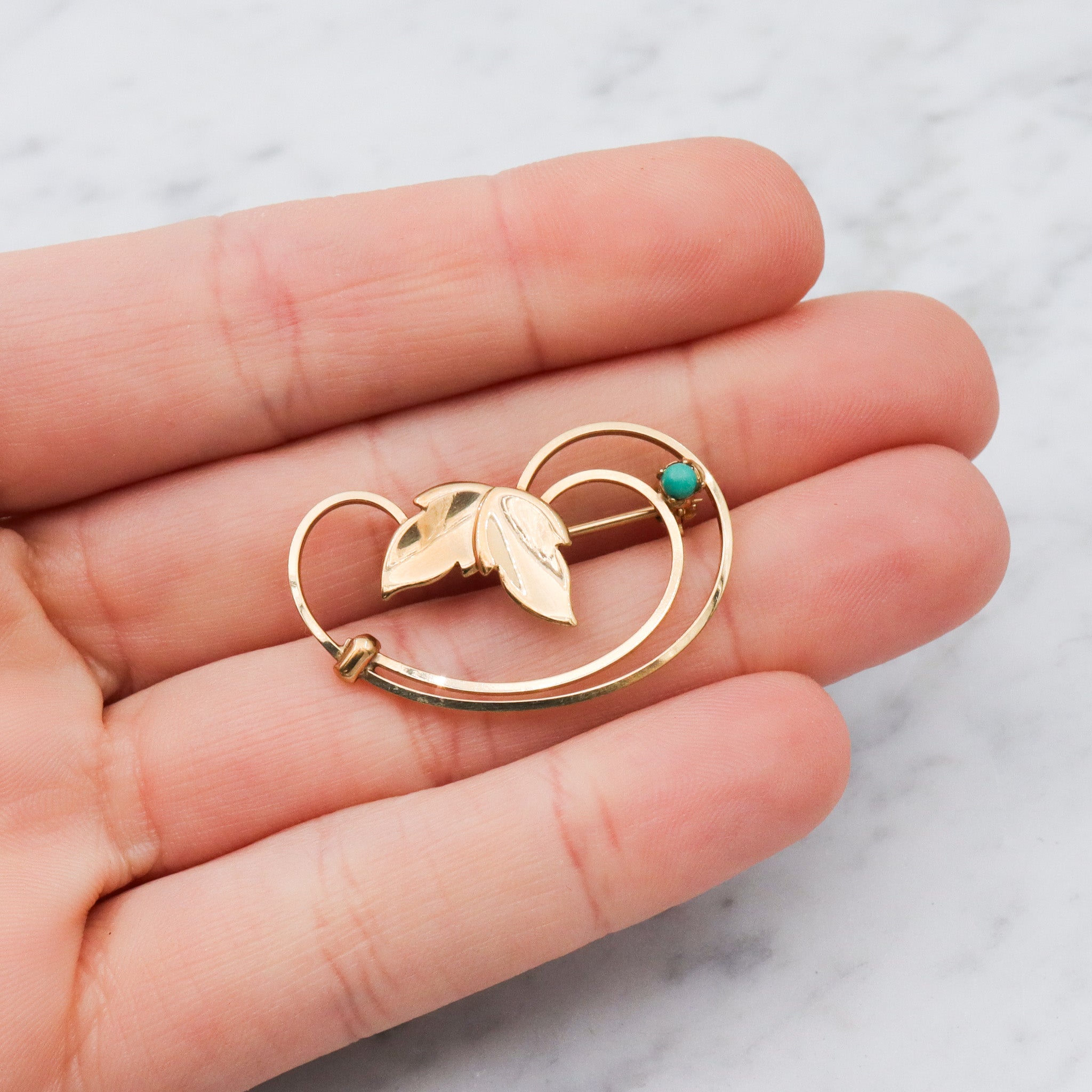 Mid Century Modern Curtis Creations 14k gold filled & turquoise ivy brooch