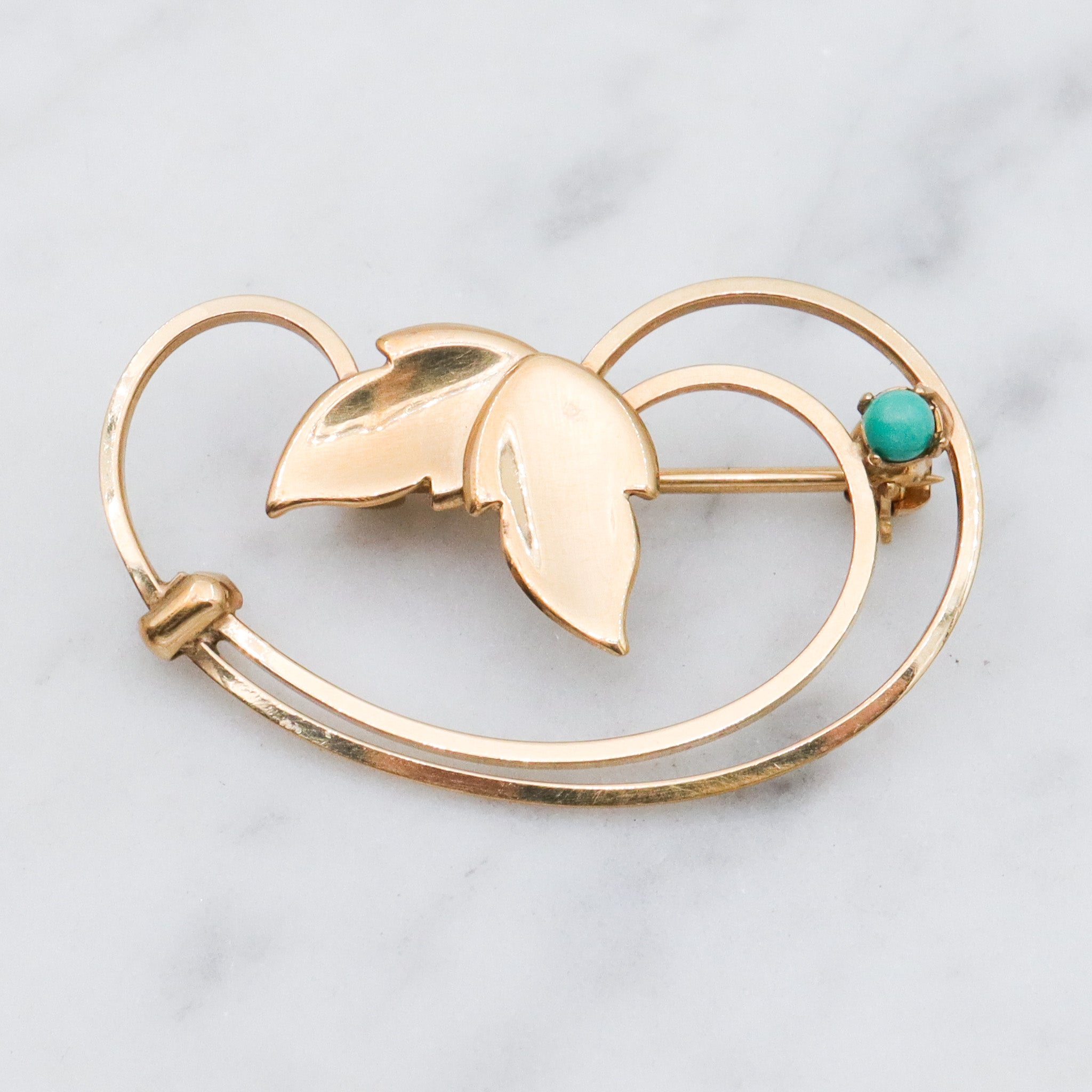 Mid Century Modern Curtis Creations 14k gold filled & turquoise ivy brooch