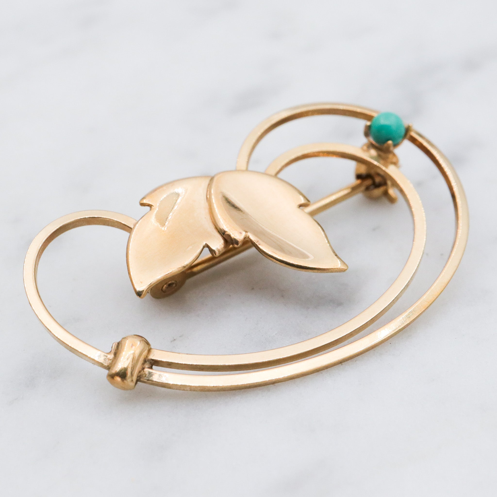 Mid Century Modern Curtis Creations 14k gold filled & turquoise ivy brooch