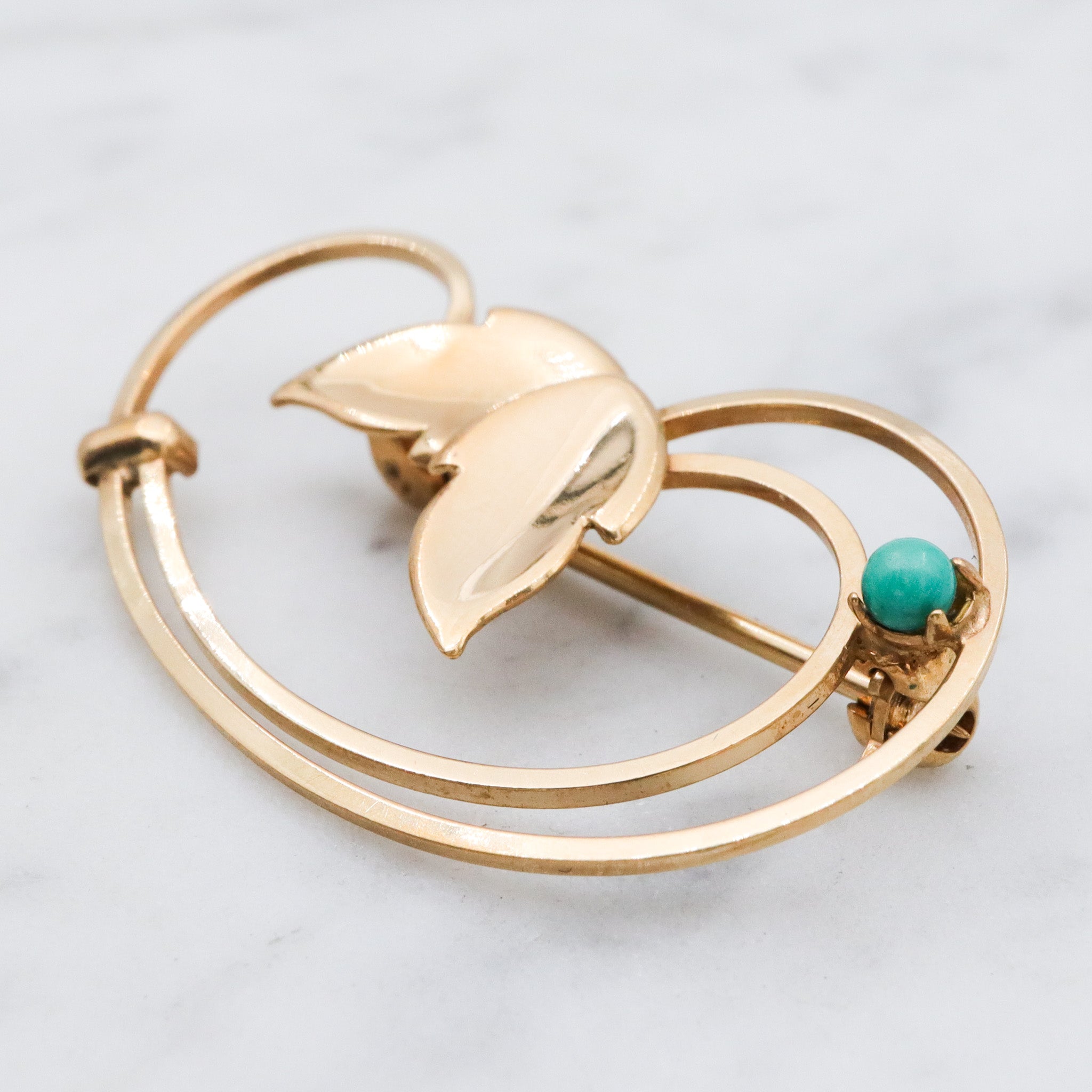 Mid Century Modern Curtis Creations 14k gold filled & turquoise ivy brooch