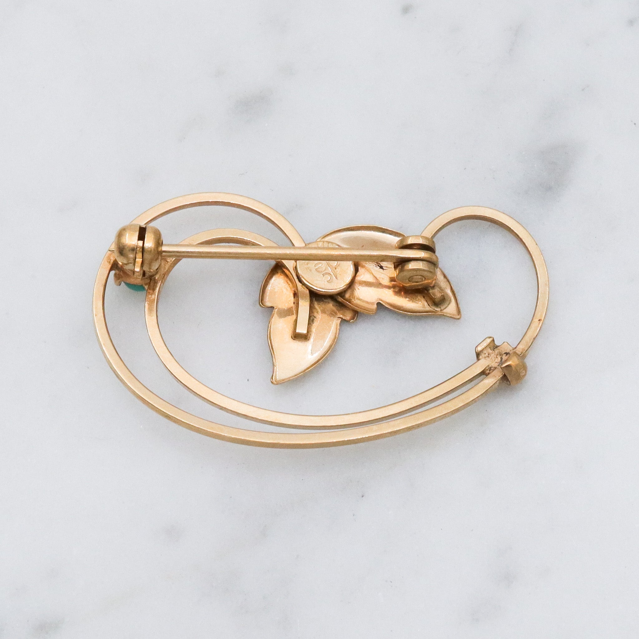 Mid Century Modern Curtis Creations 14k gold filled & turquoise ivy brooch