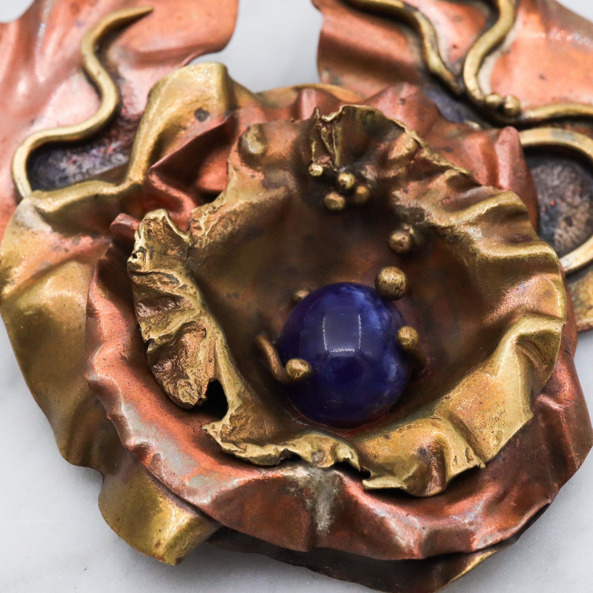 Large 80's brass & copper handmade brooch with sodalite center