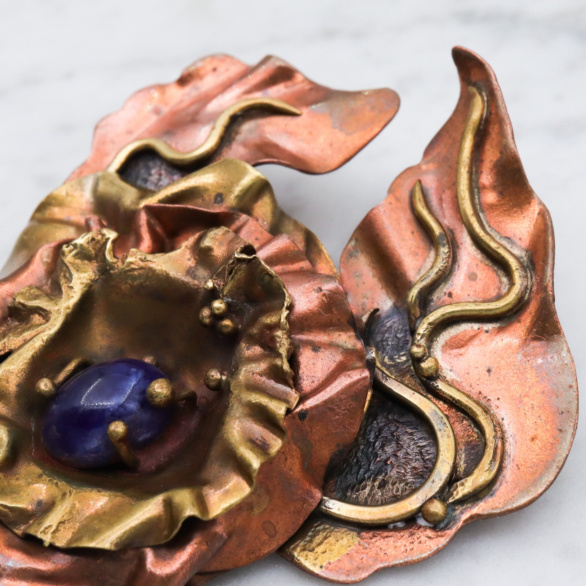 Large 80's brass & copper handmade brooch with sodalite center