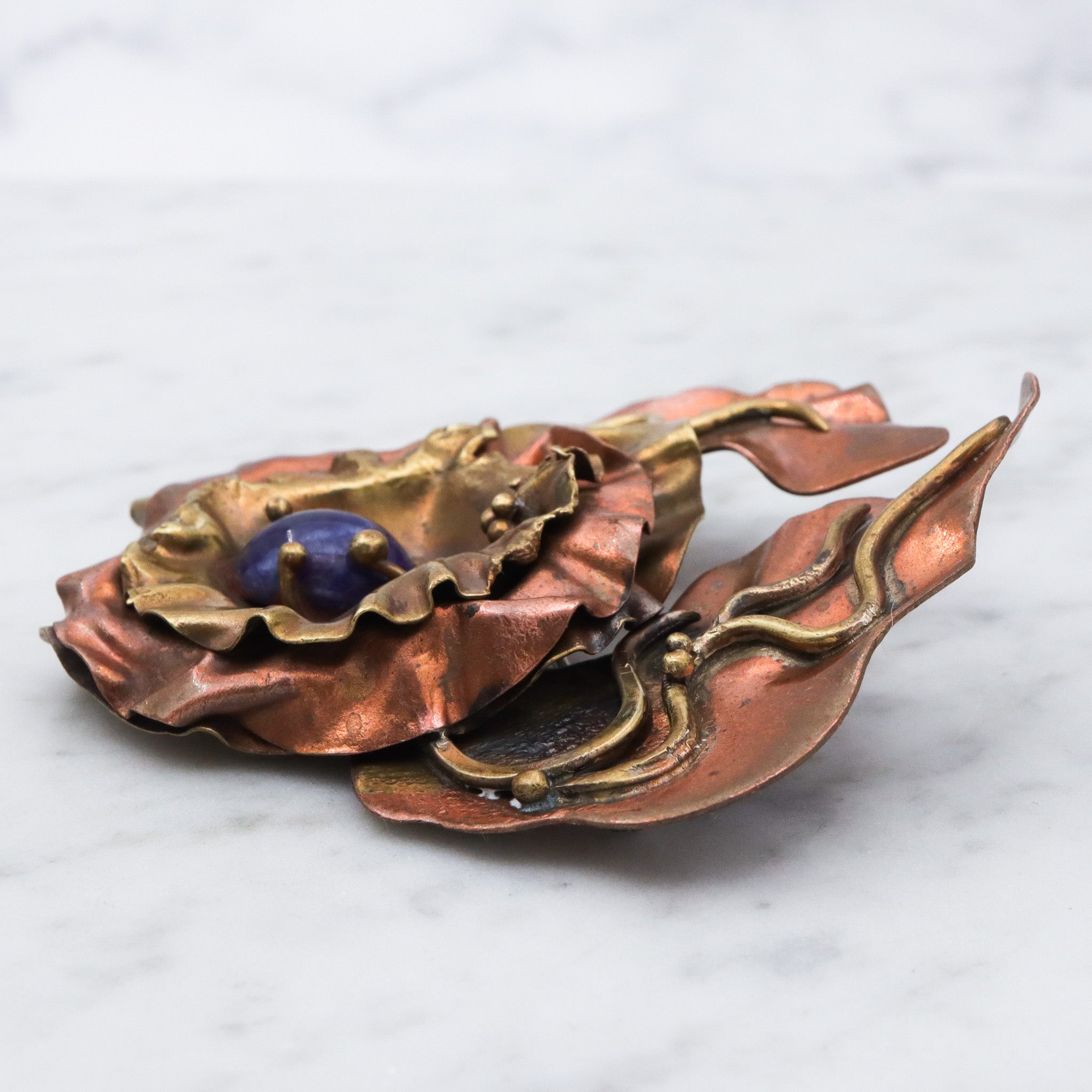 Large 80's brass & copper handmade brooch with sodalite center