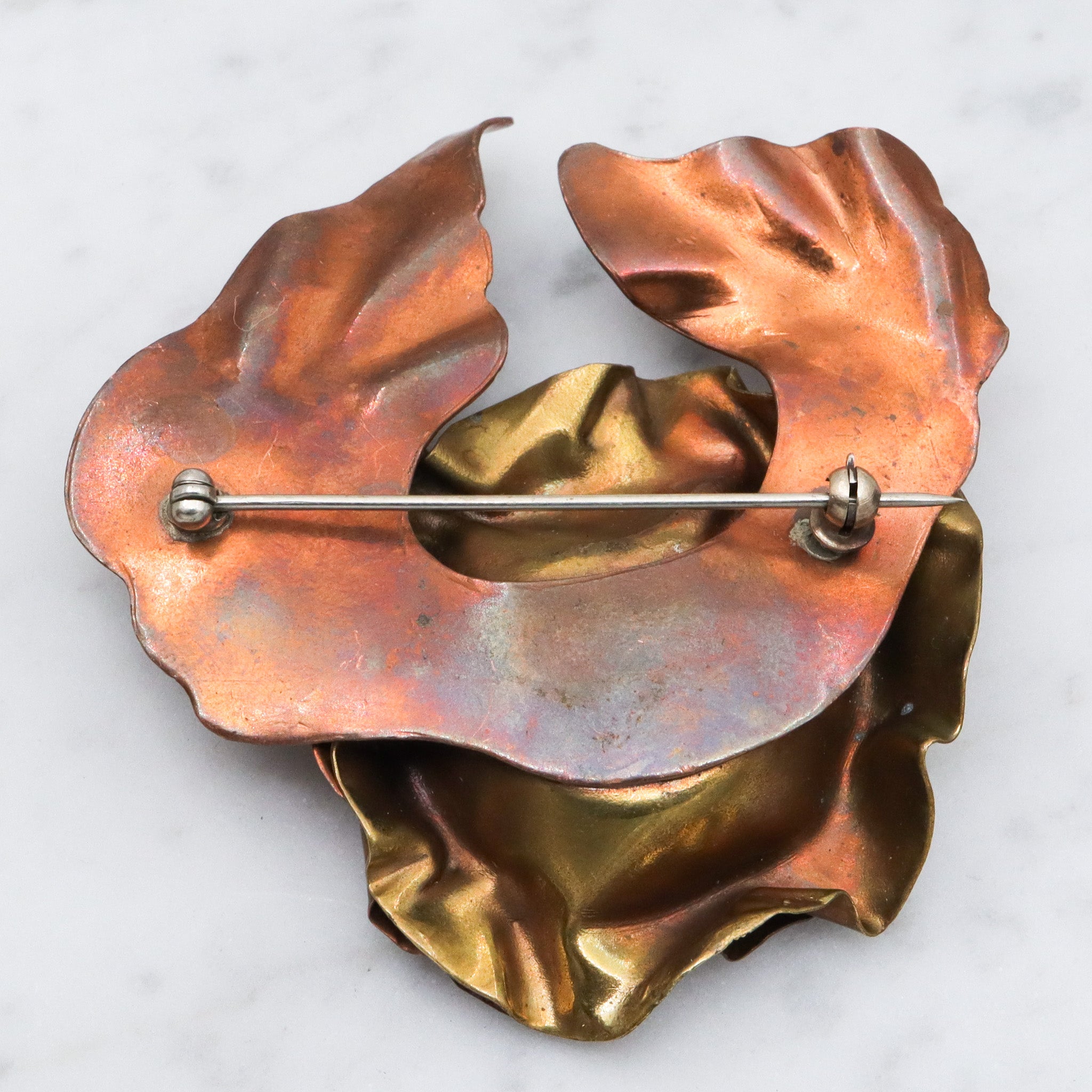 Large 80's brass & copper handmade brooch with sodalite center