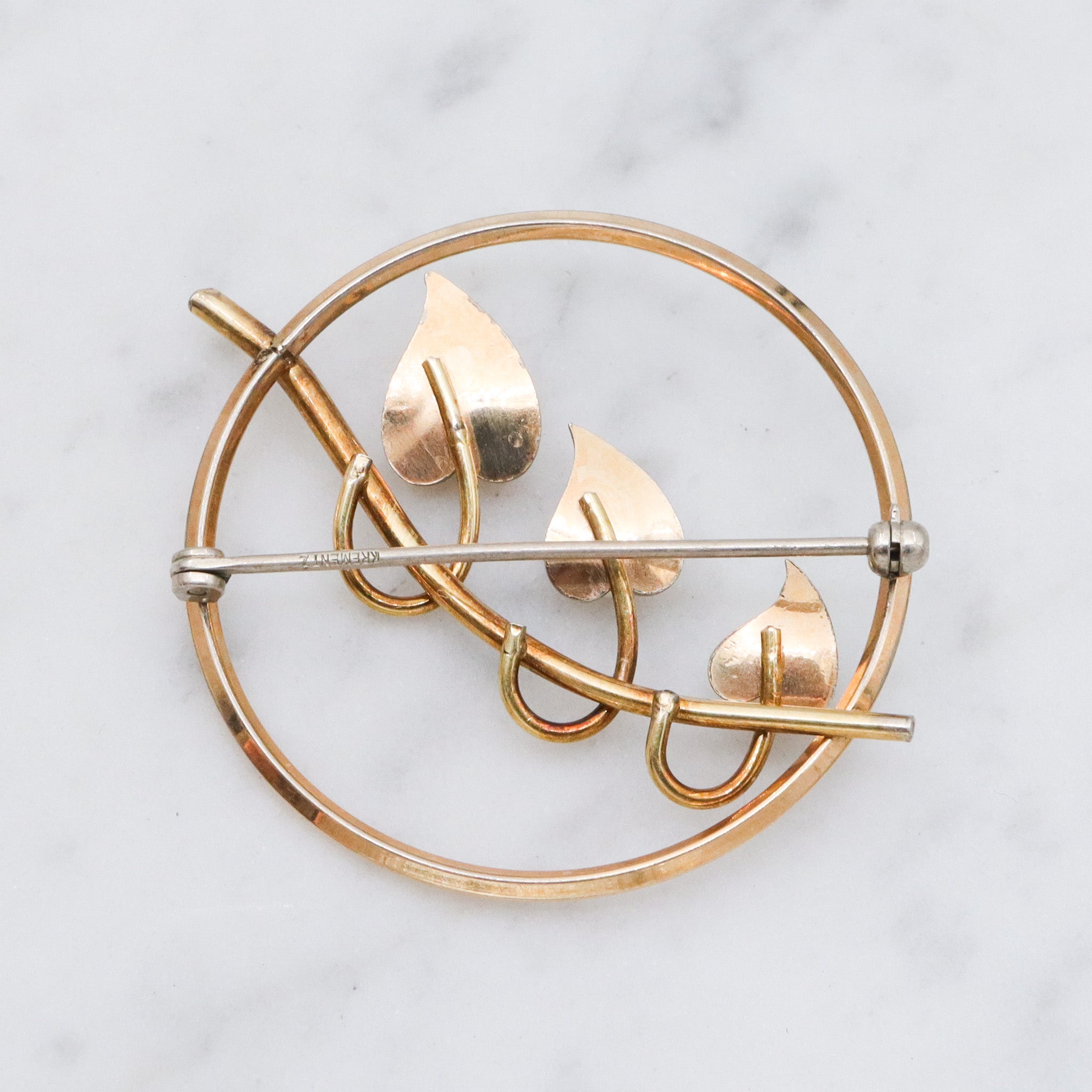 Retro Krementz gold plated circle brooch with ivy & pearls