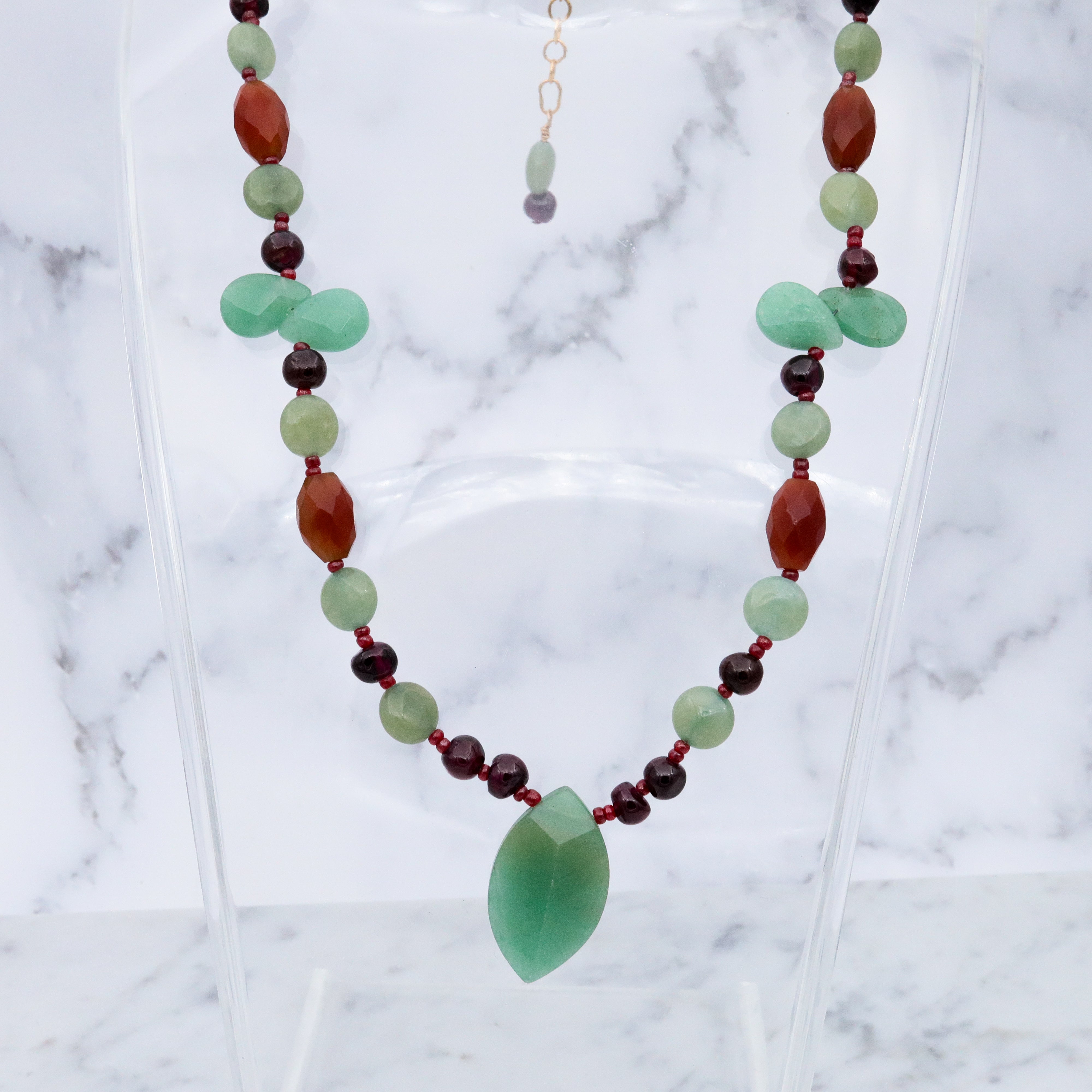 Vintage carved aventurine, carnelian and garnet with gold plated clasp adjustable length necklace