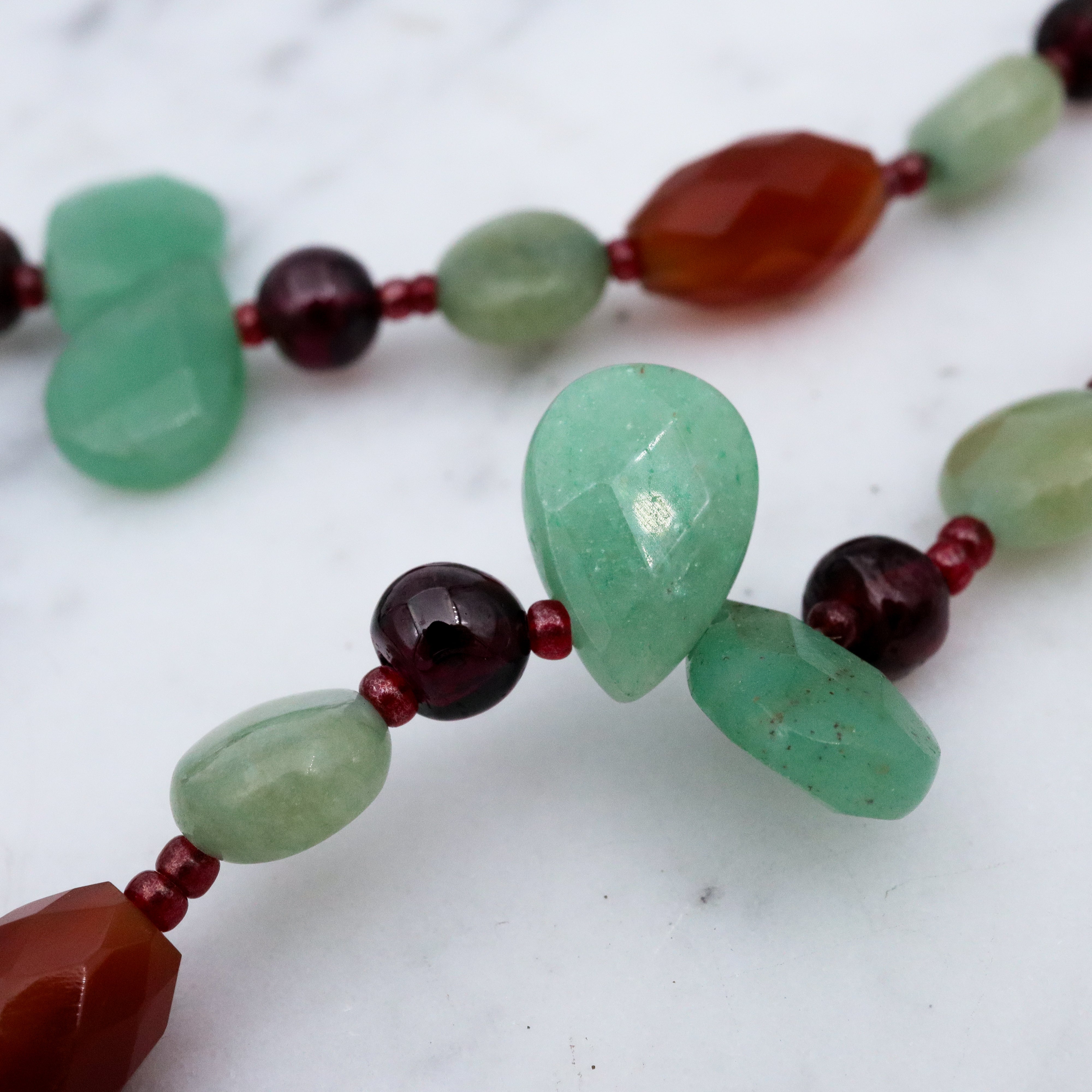 Vintage carved aventurine, carnelian and garnet with gold plated clasp adjustable length necklace