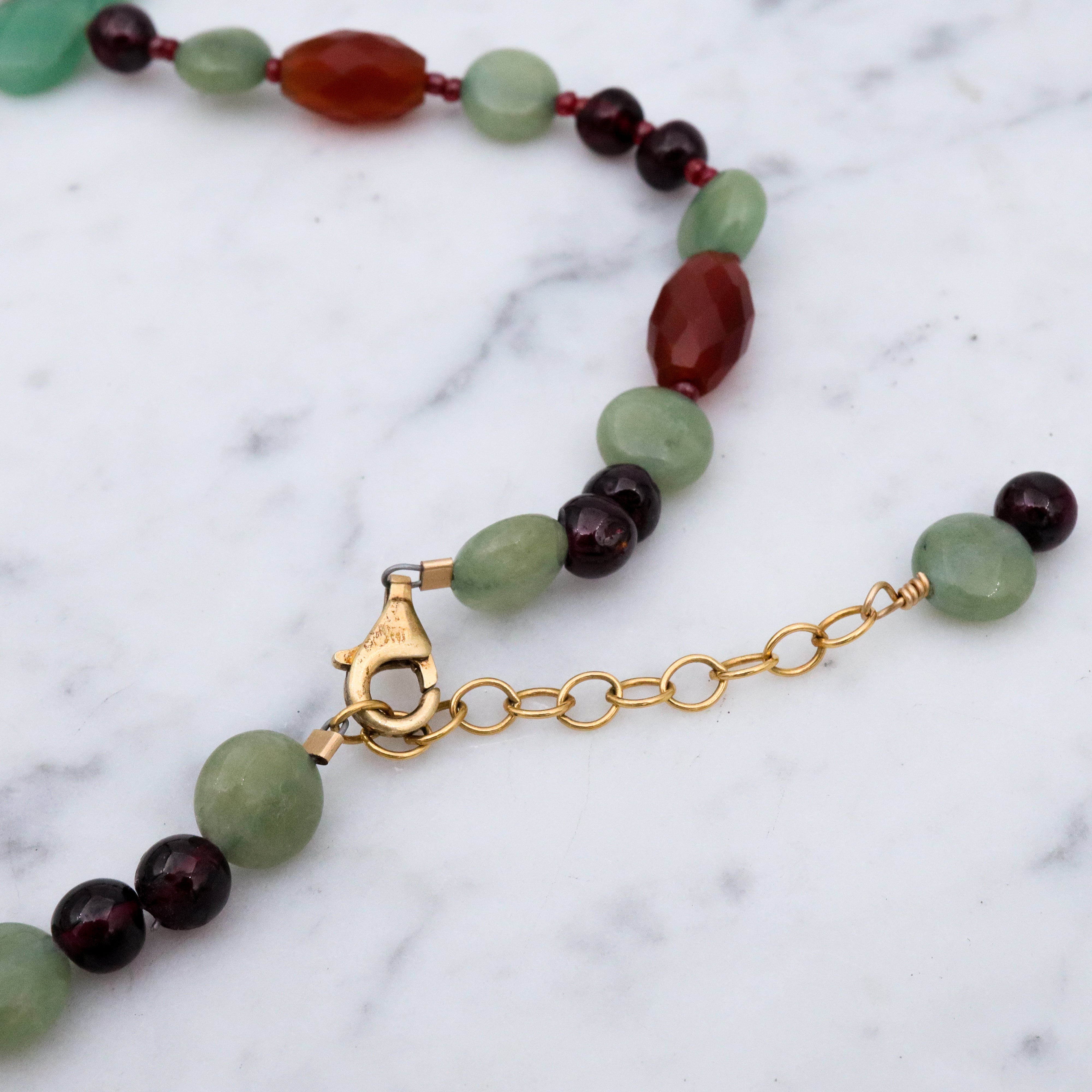 Vintage carved aventurine, carnelian and garnet with gold plated clasp adjustable length necklace