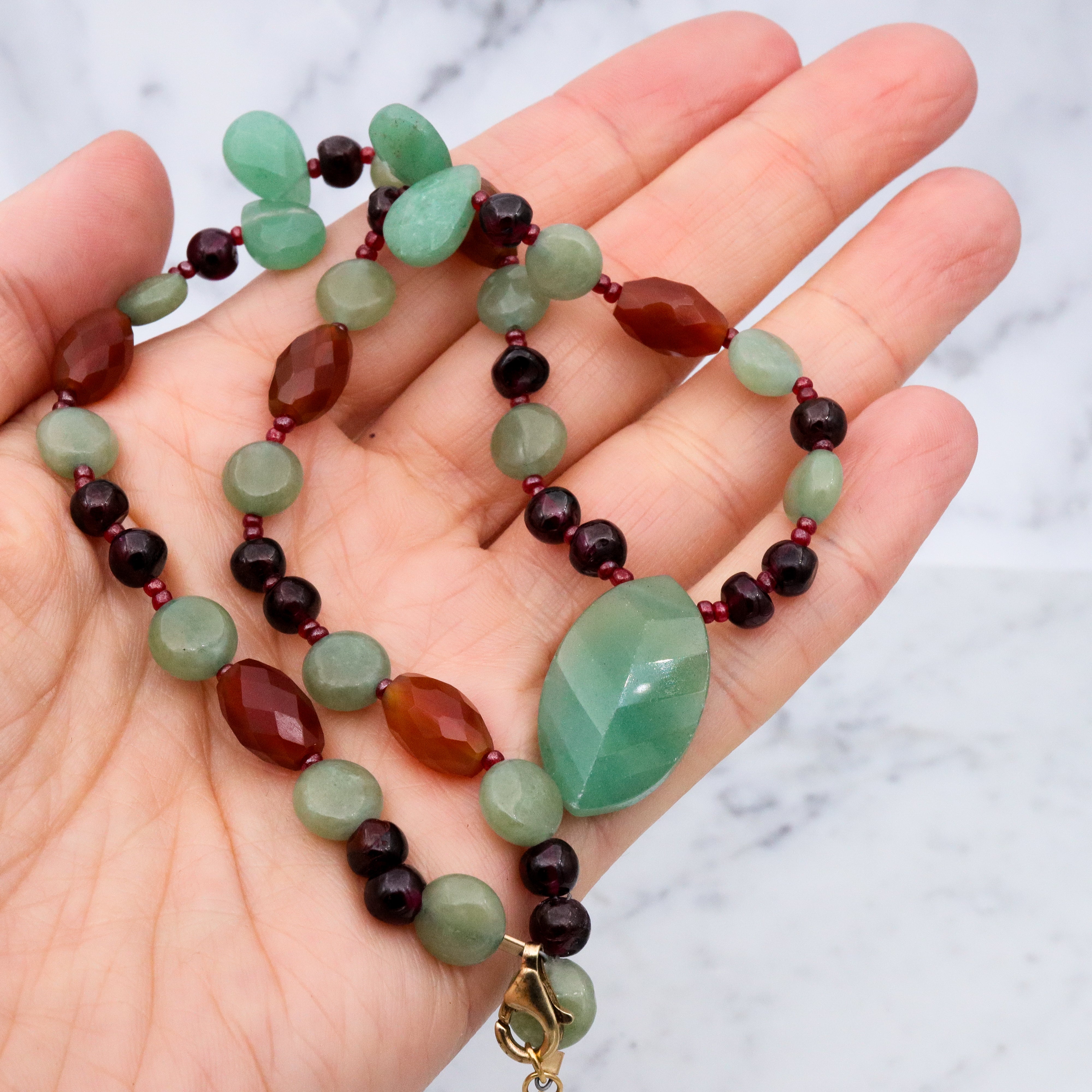 Vintage carved aventurine, carnelian and garnet with gold plated clasp adjustable length necklace