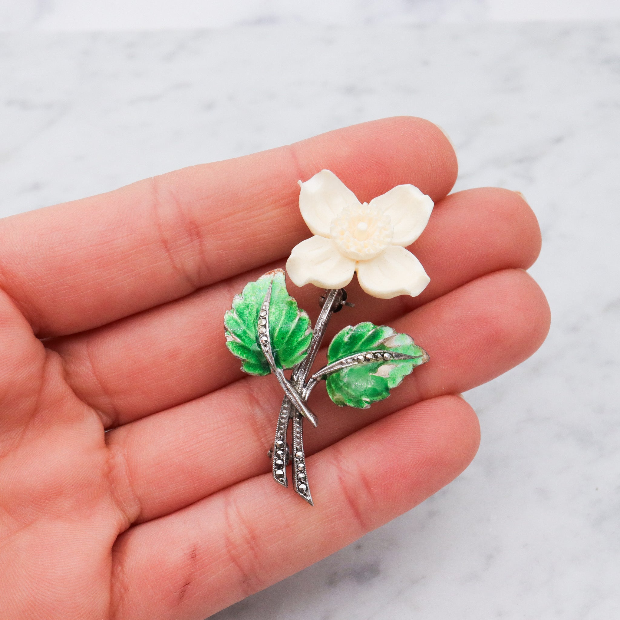 Antique German Art Deco sterling silver dogwood brooch with enamel & marcasite