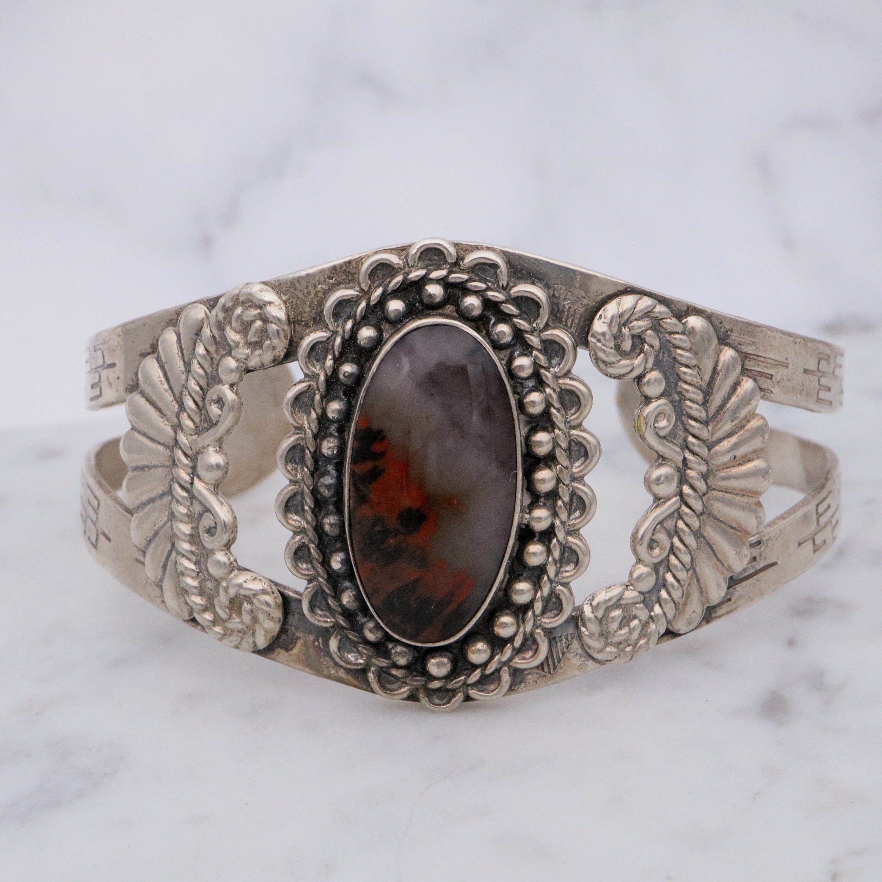 One Of The Chunkiest Vintage Native American Navajo Petrified Wood Sterling Silver Bracelet