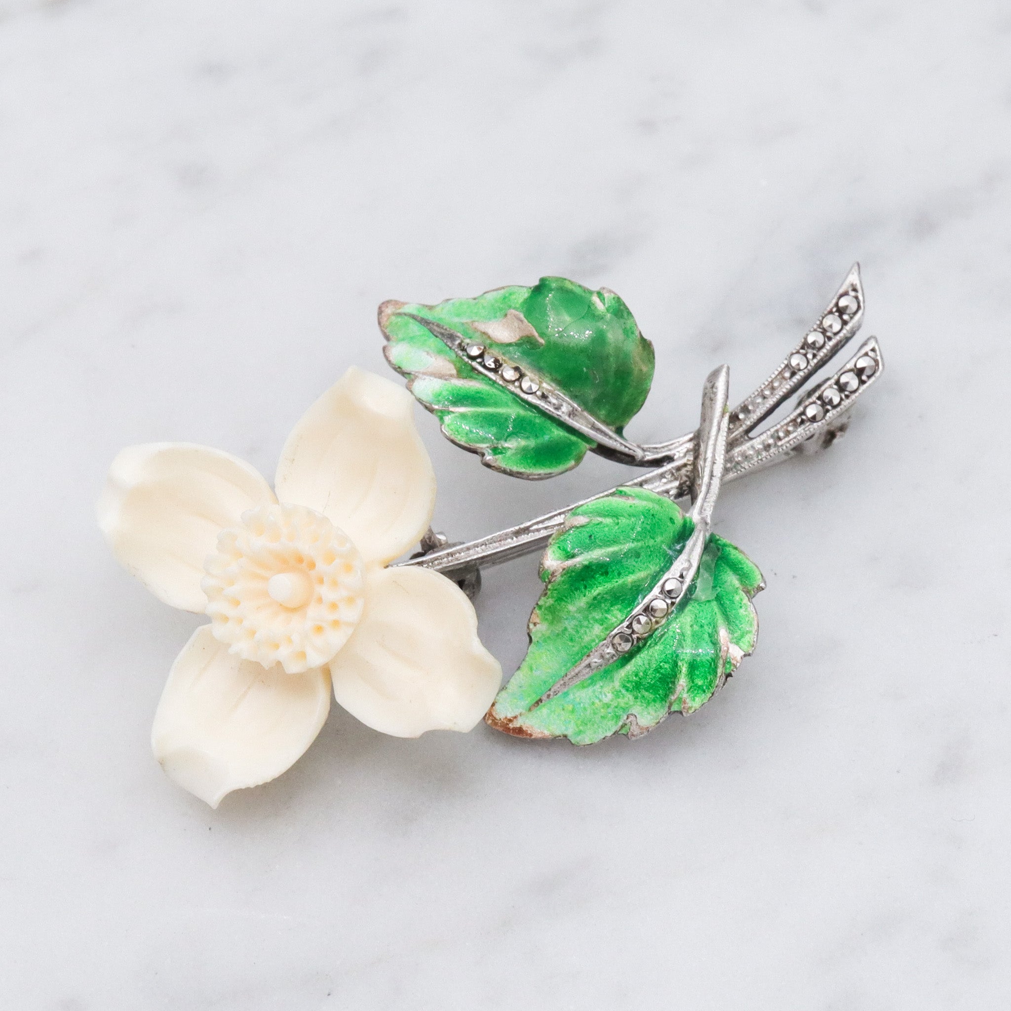 Antique German Art Deco sterling silver dogwood brooch with enamel & marcasite