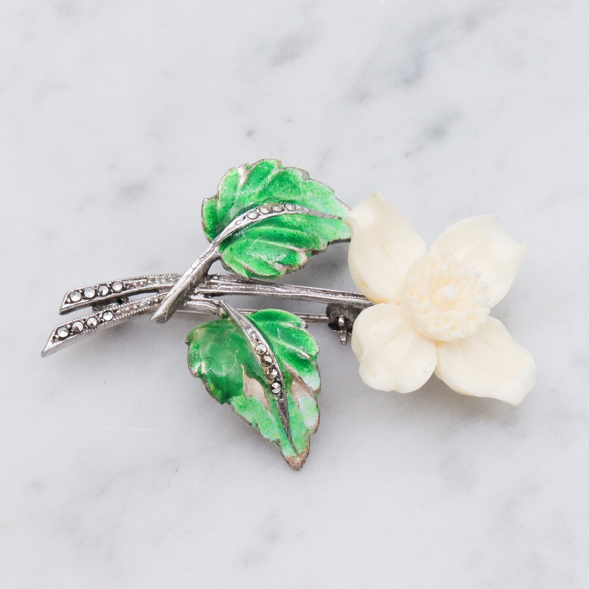 Antique German Art Deco sterling silver dogwood brooch with enamel & marcasite