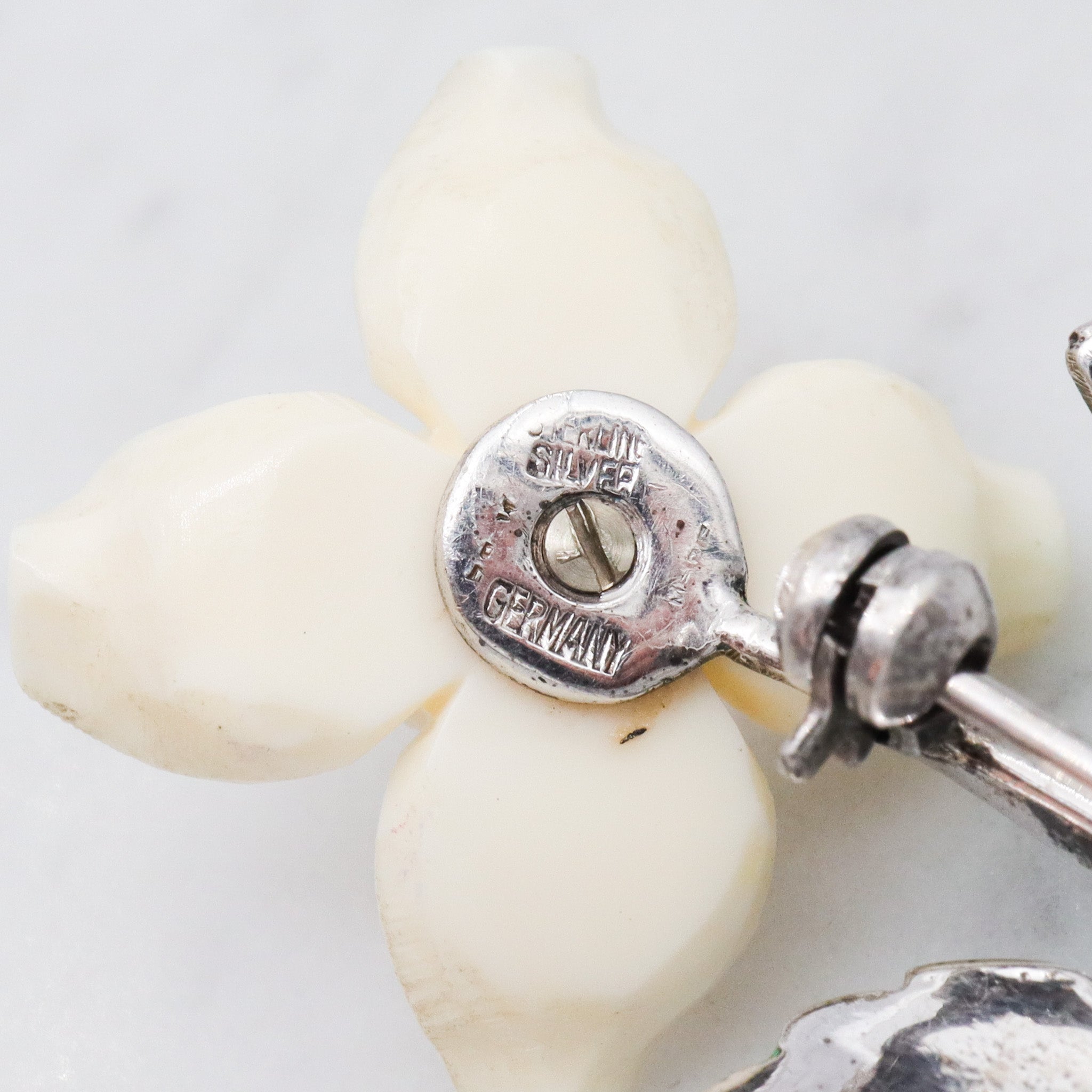 Antique German Art Deco sterling silver dogwood brooch with enamel & marcasite