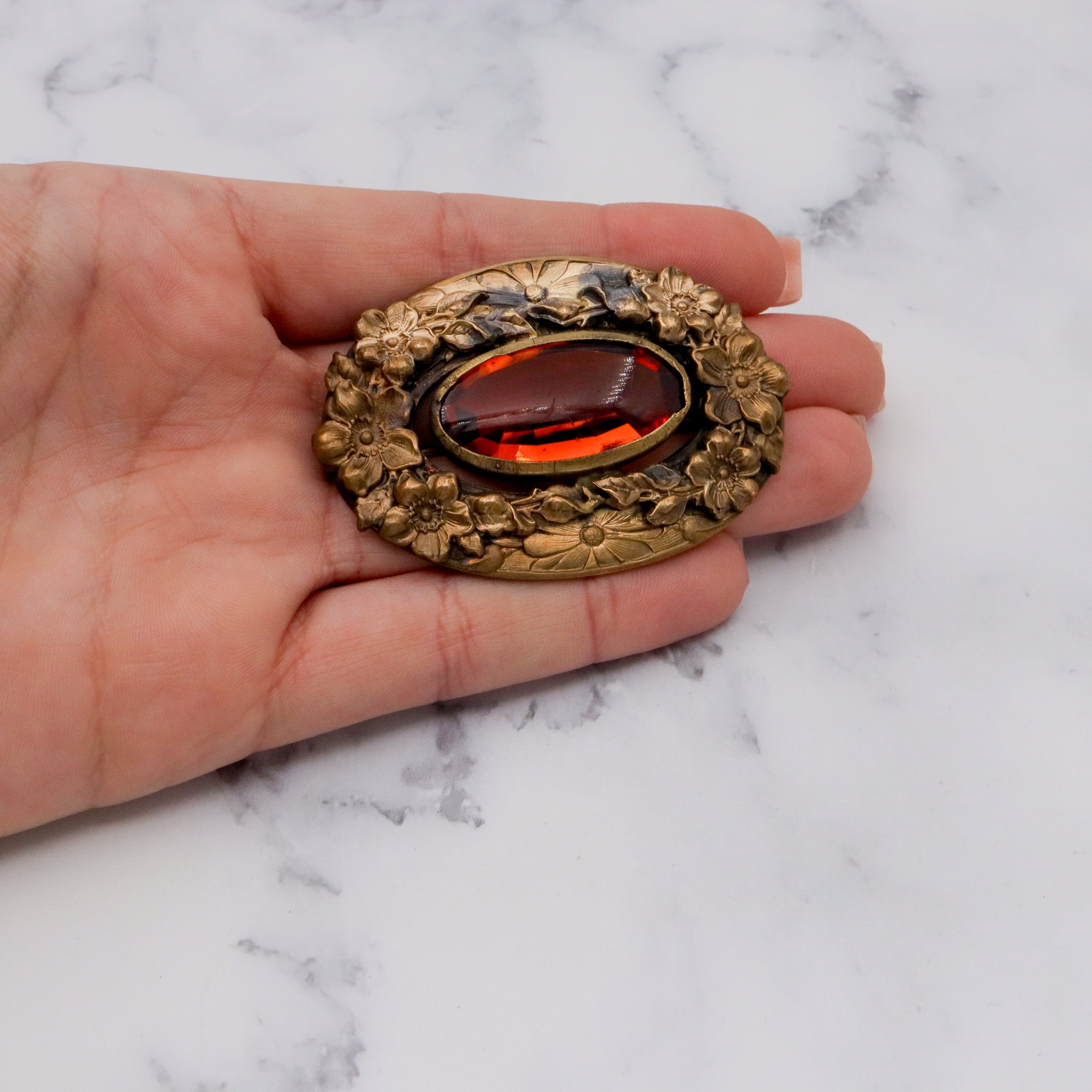 Antique Art Nouveau brass & amber glass buckle brooch