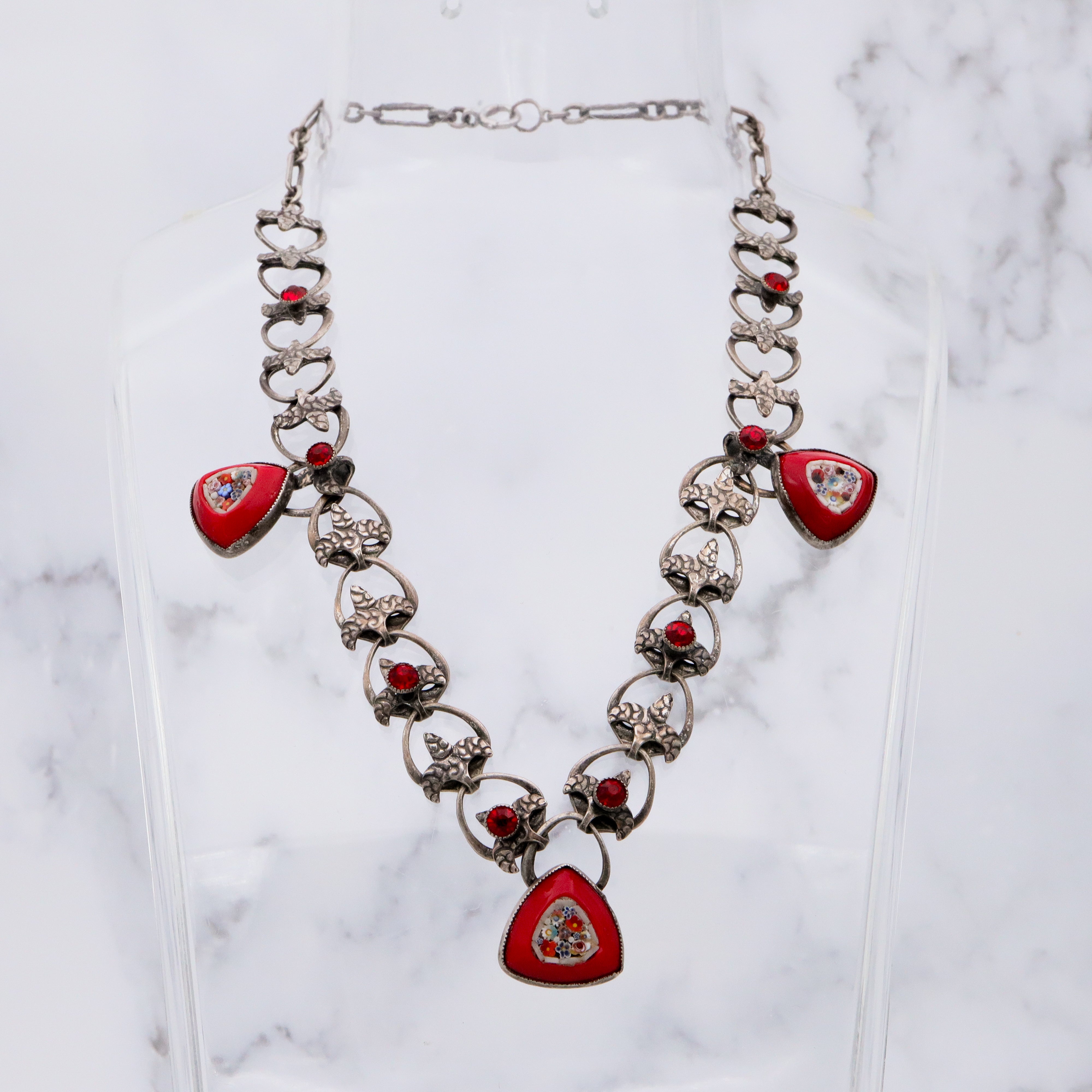 MCM red micro mosaic silver tone link necklace