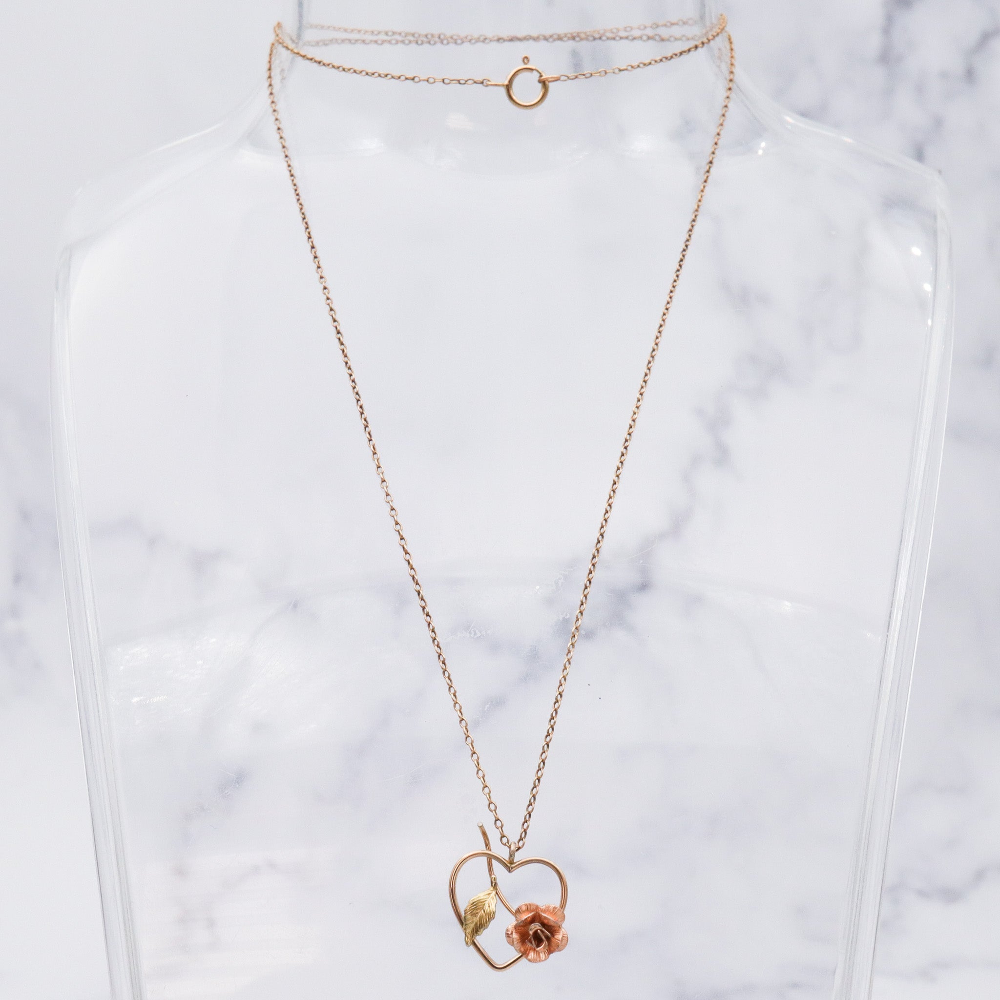 Retro two toned gold plated rosebud heart pendant necklace