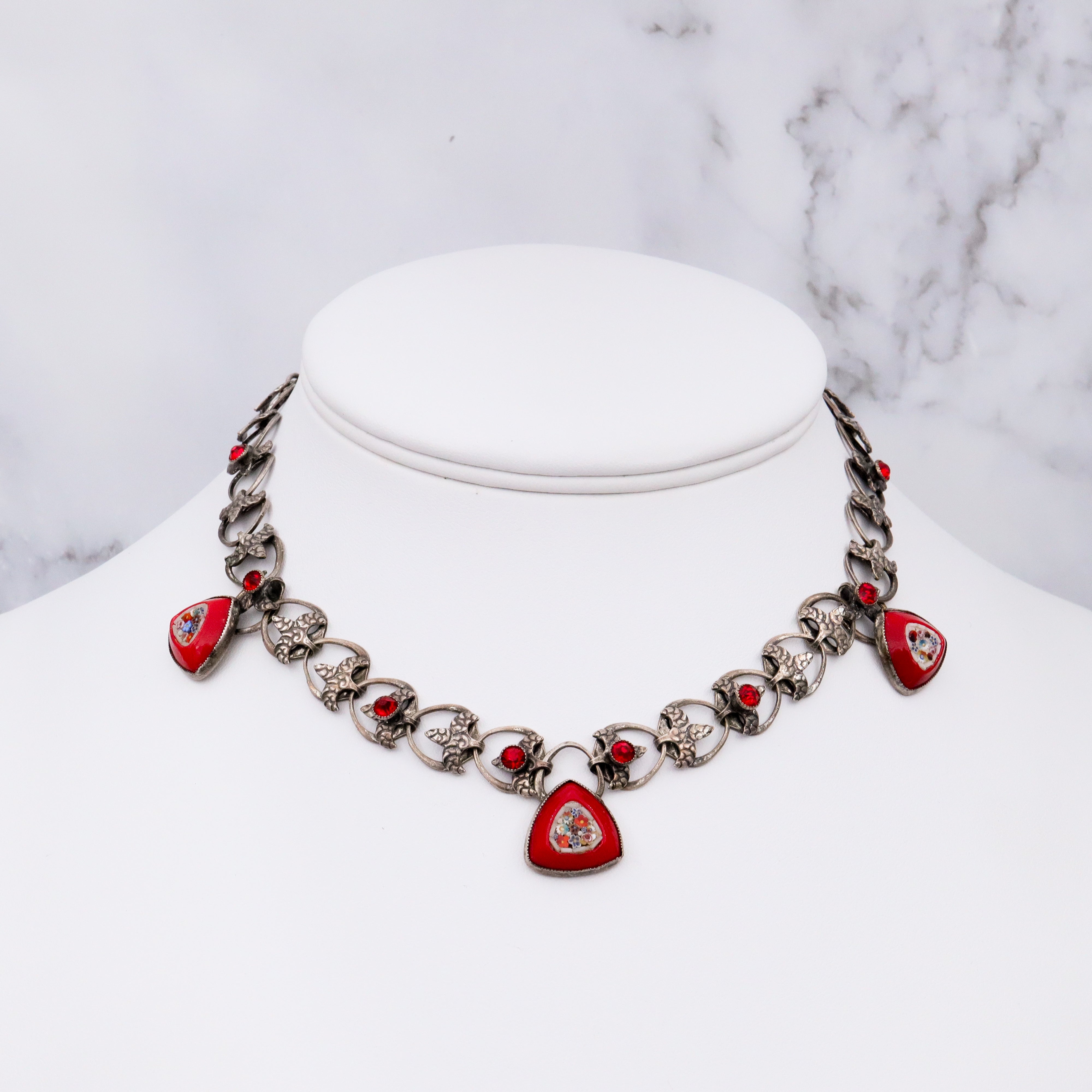 MCM red micro mosaic silver tone link necklace