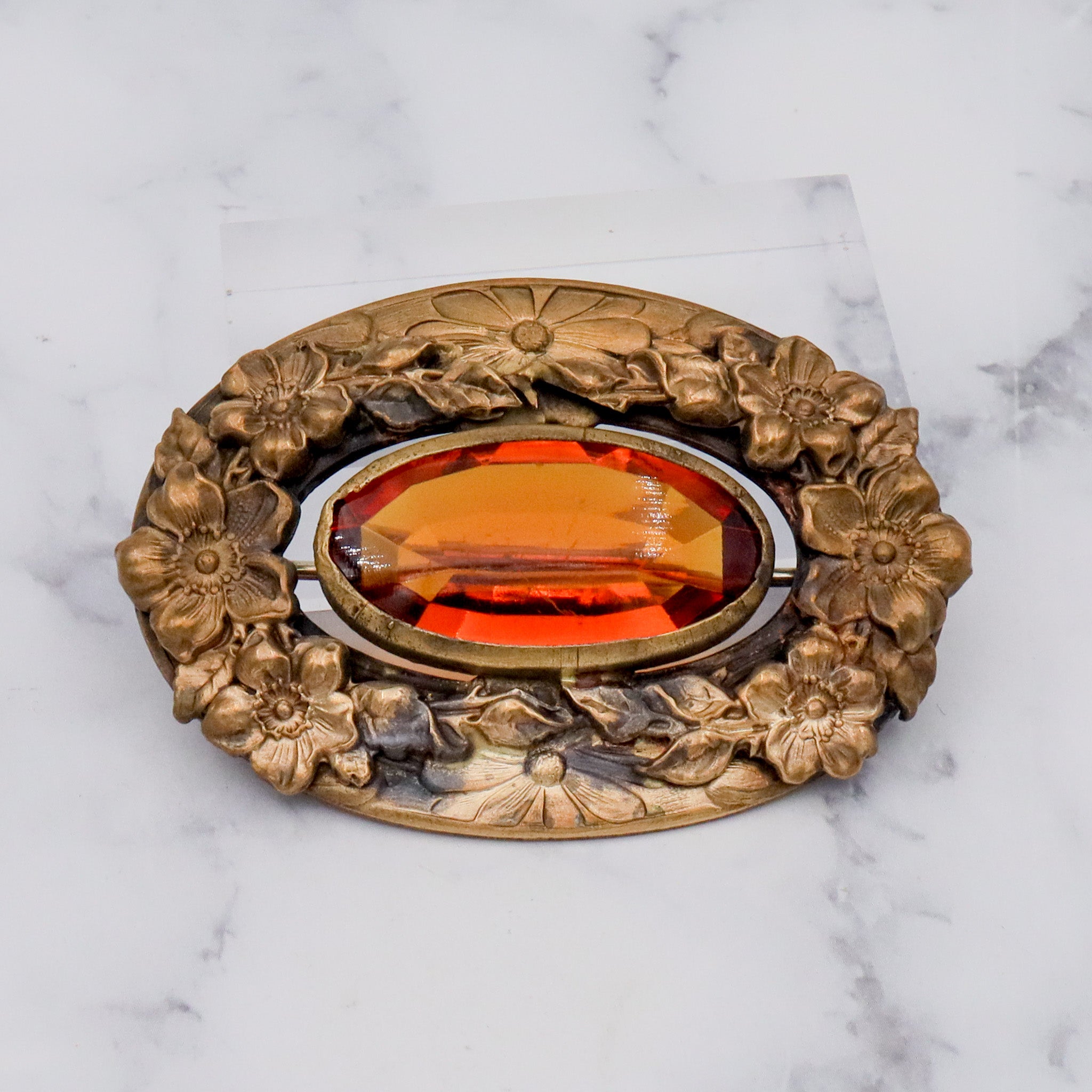 Antique Art Nouveau brass & amber glass buckle brooch