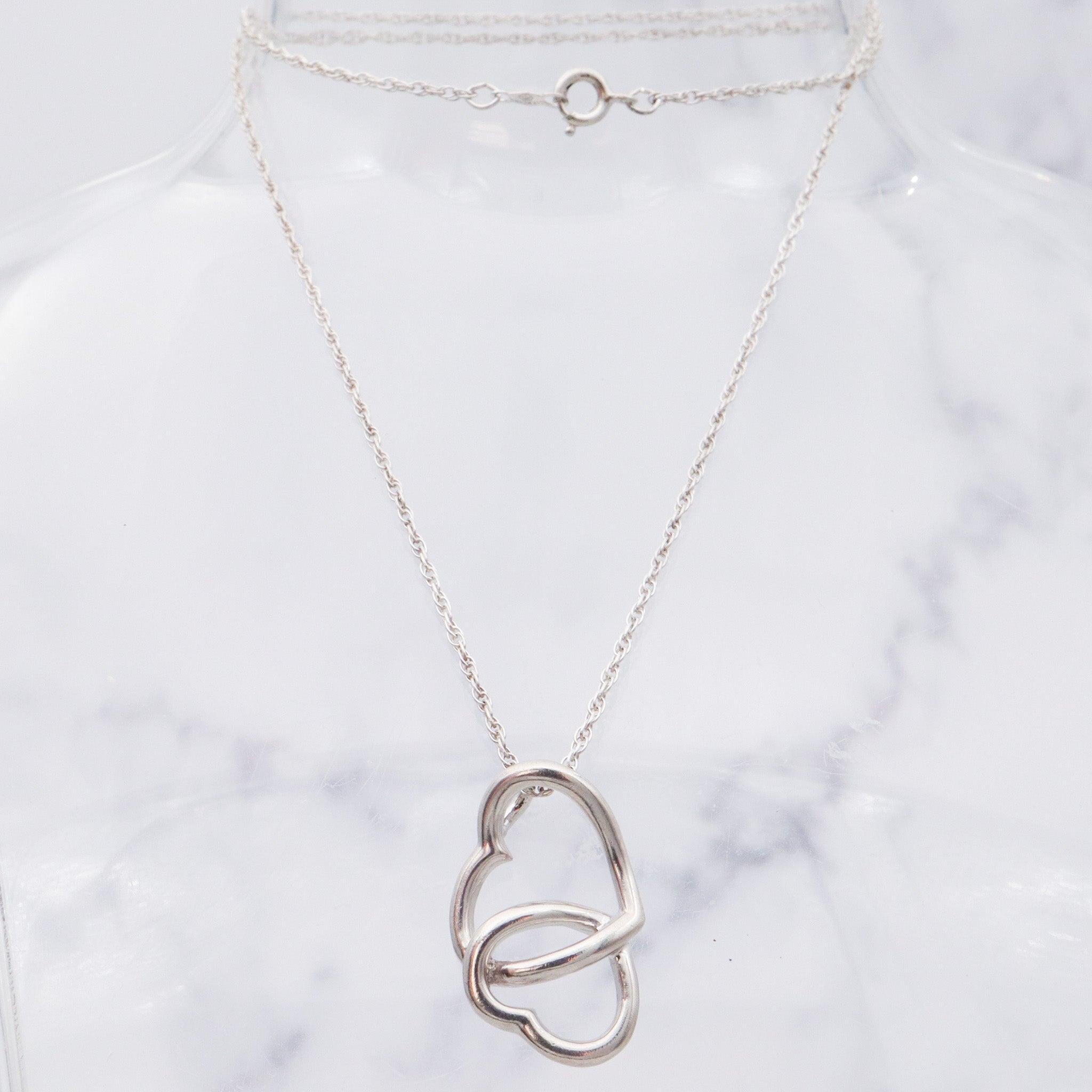 Vintage sterling silver double open heart pendant necklace