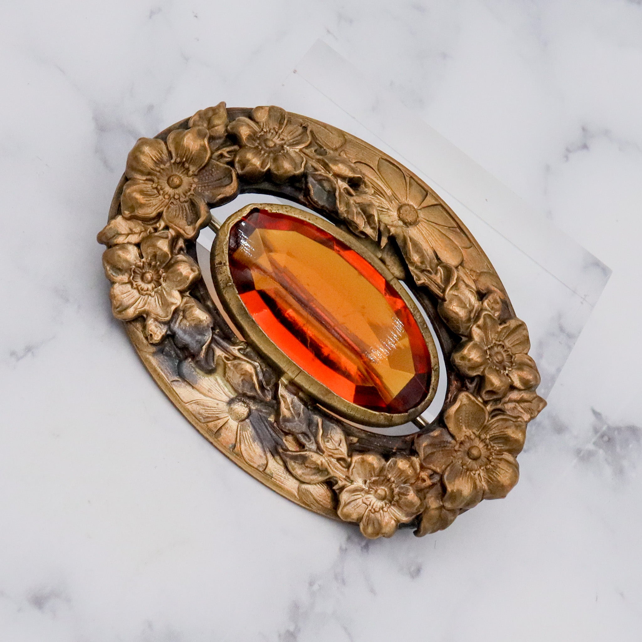 Antique Art Nouveau brass & amber glass buckle brooch