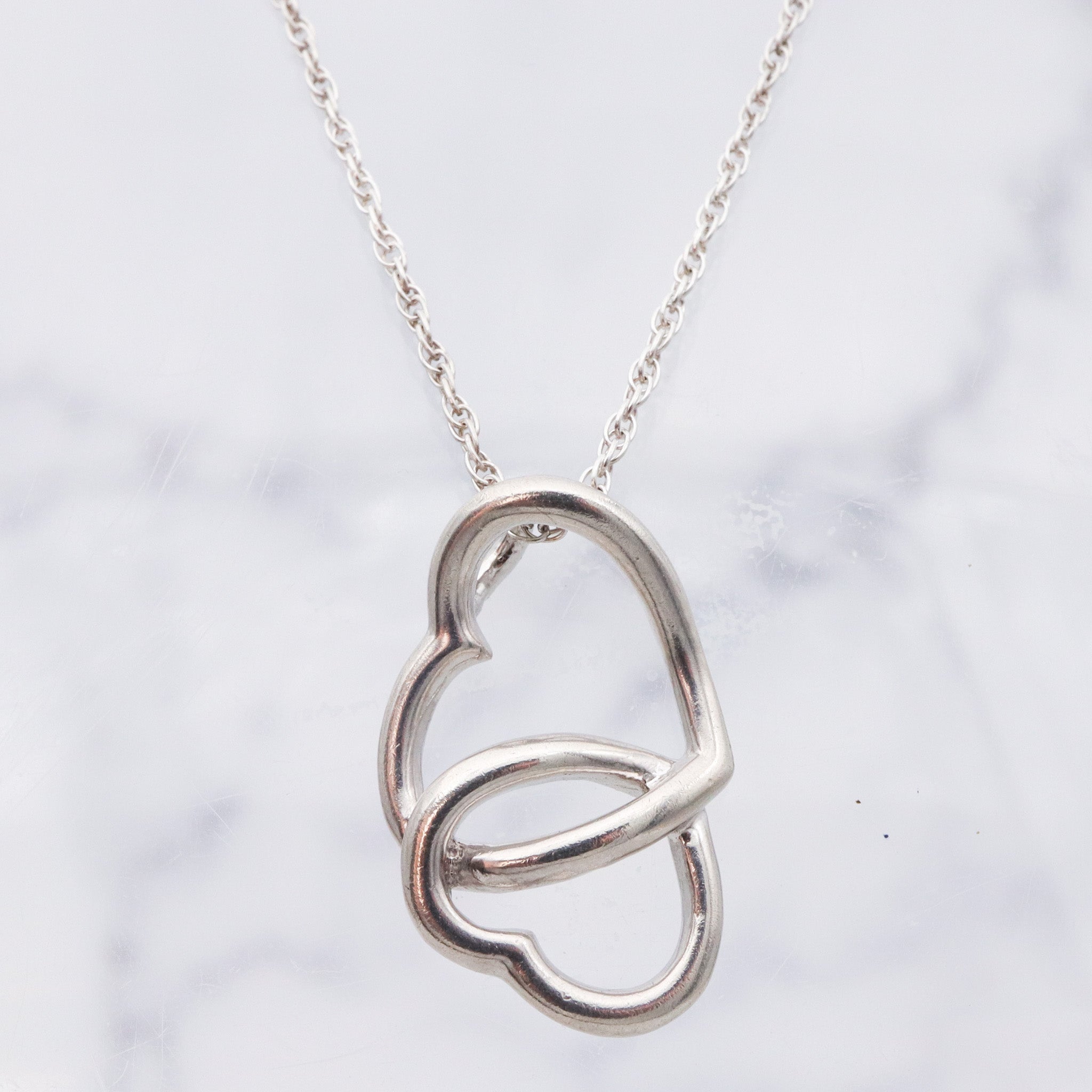 Vintage sterling silver double open heart pendant necklace