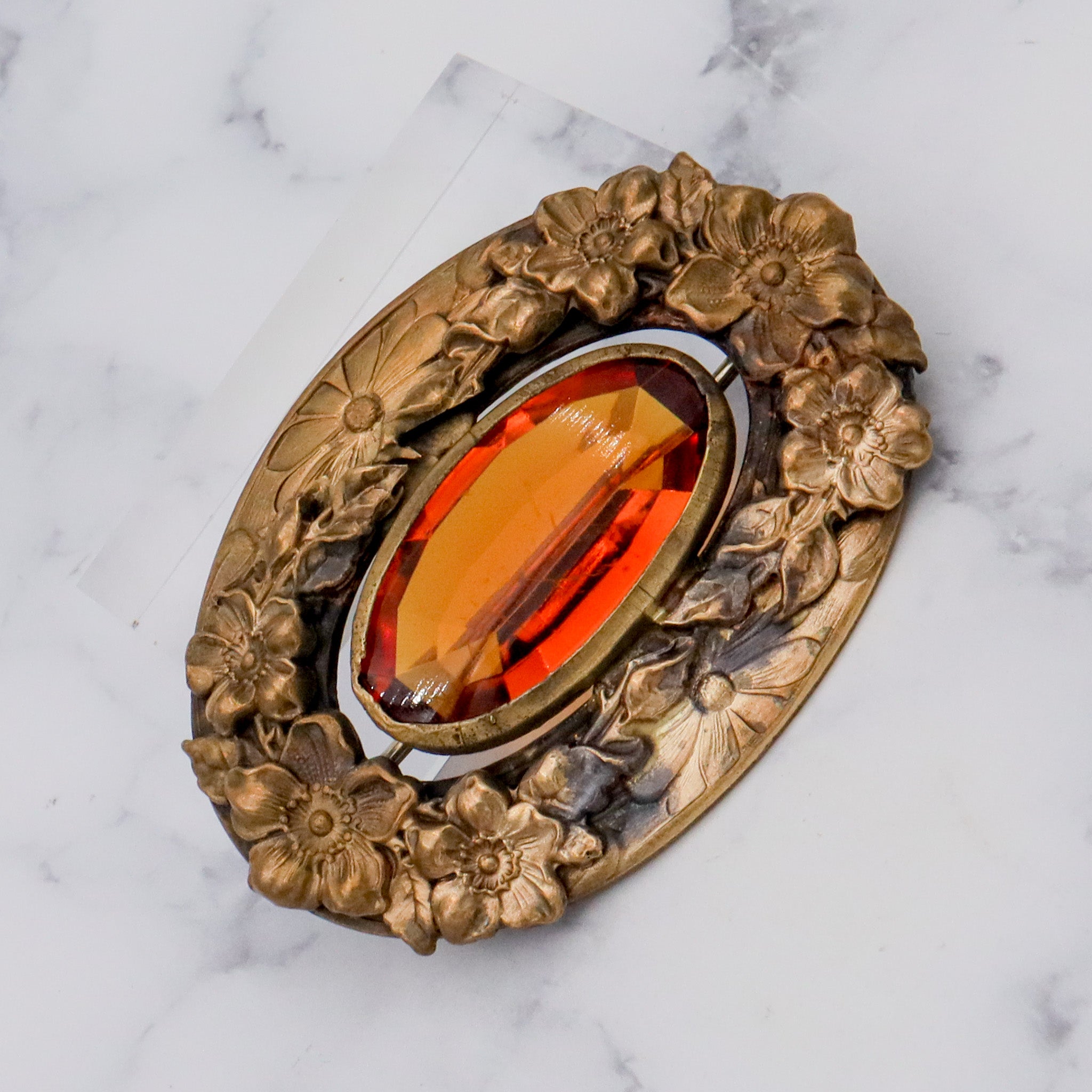 Antique Art Nouveau brass & amber glass buckle brooch