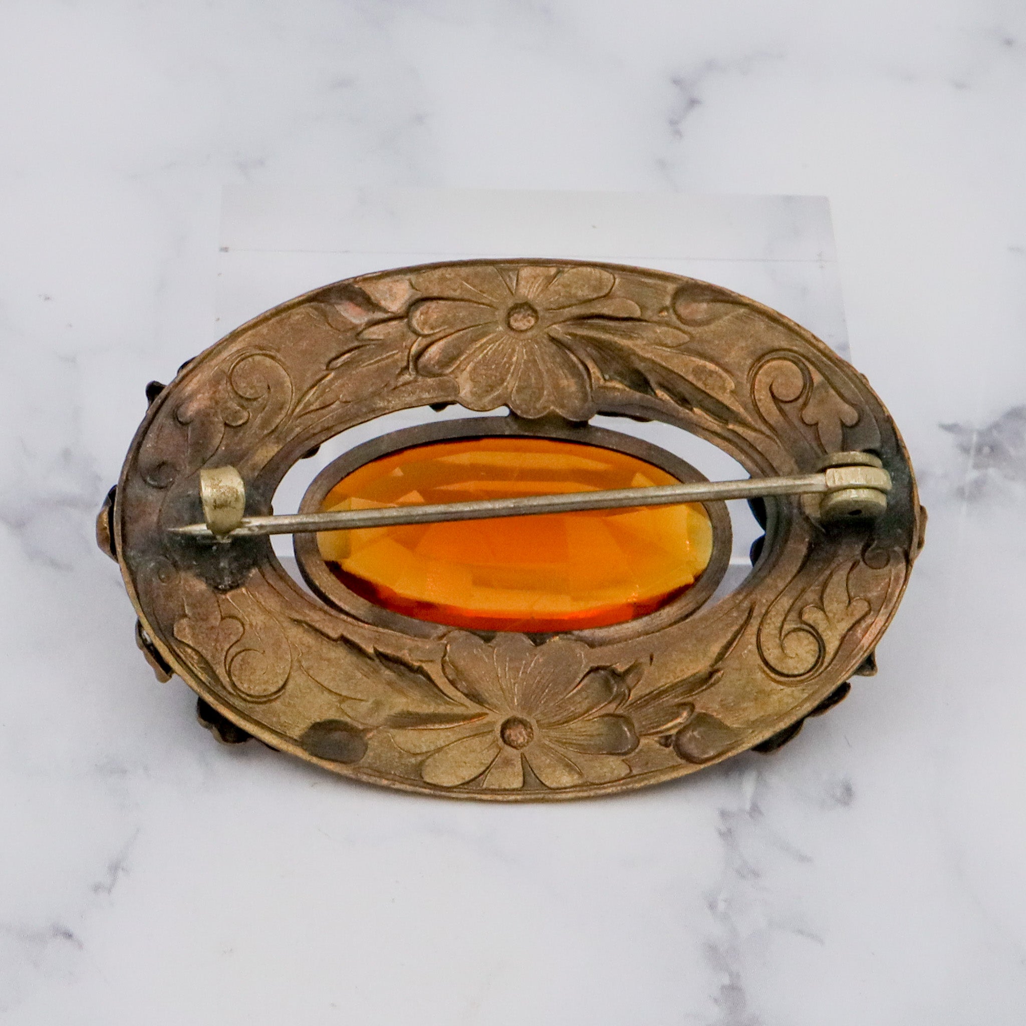 Antique Art Nouveau brass & amber glass buckle brooch
