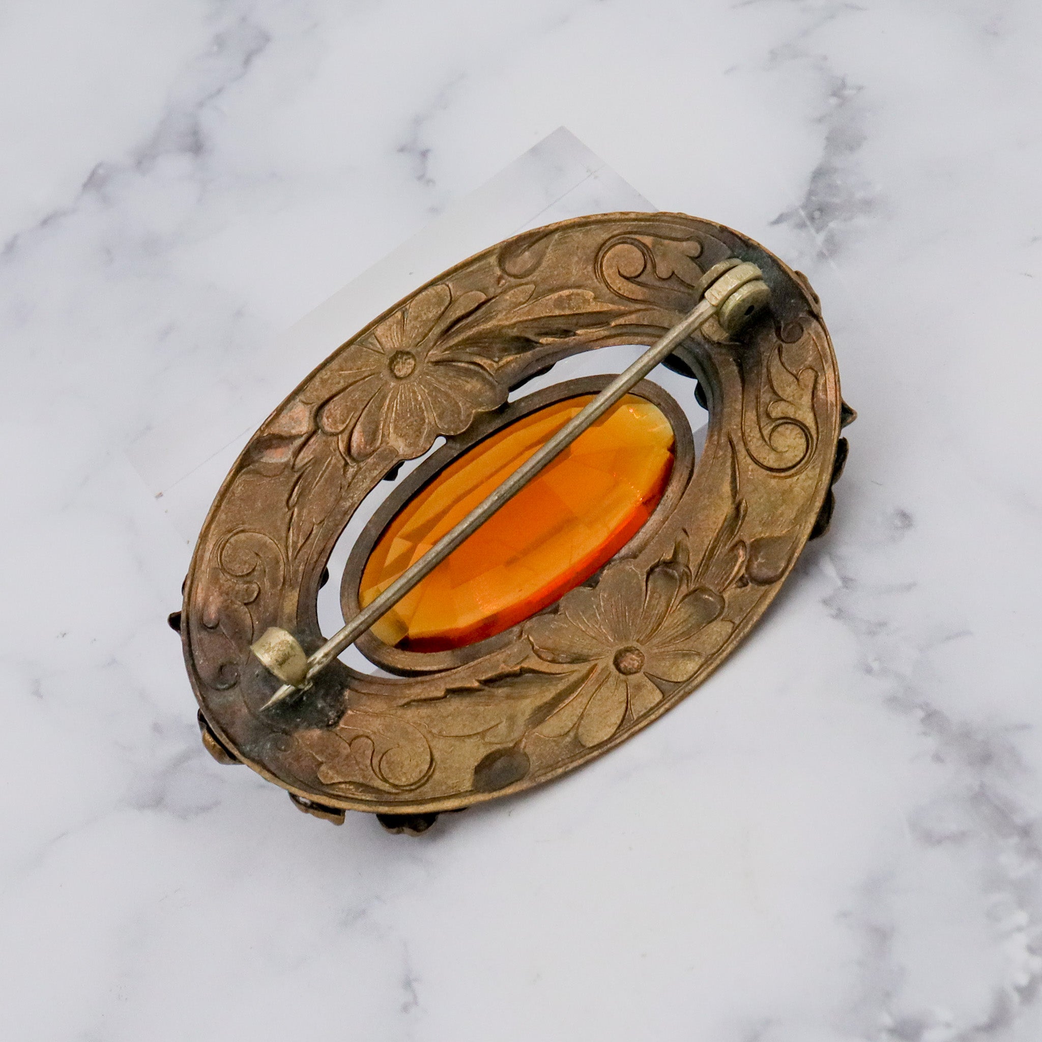 Antique Art Nouveau brass & amber glass buckle brooch