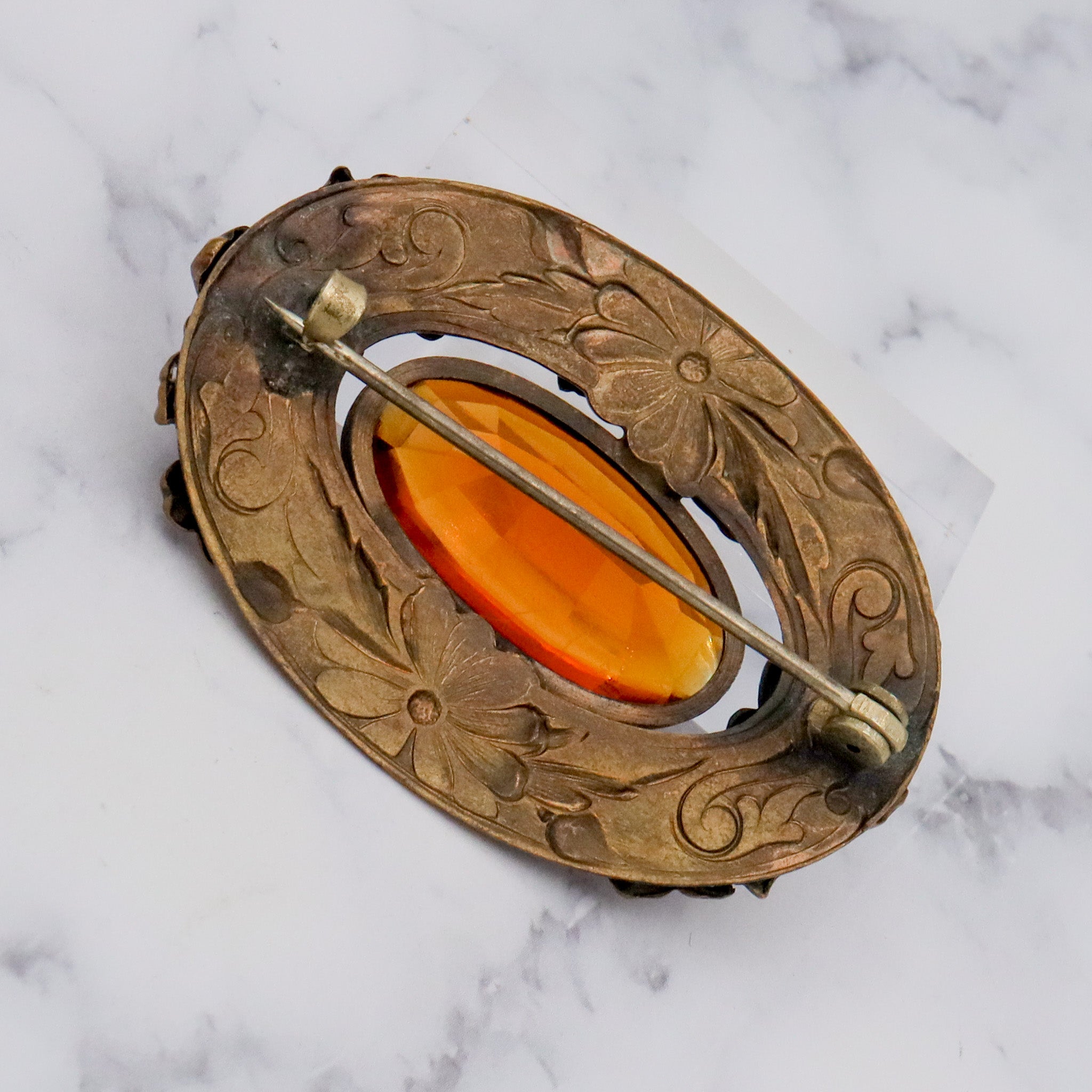 Antique Art Nouveau brass & amber glass buckle brooch