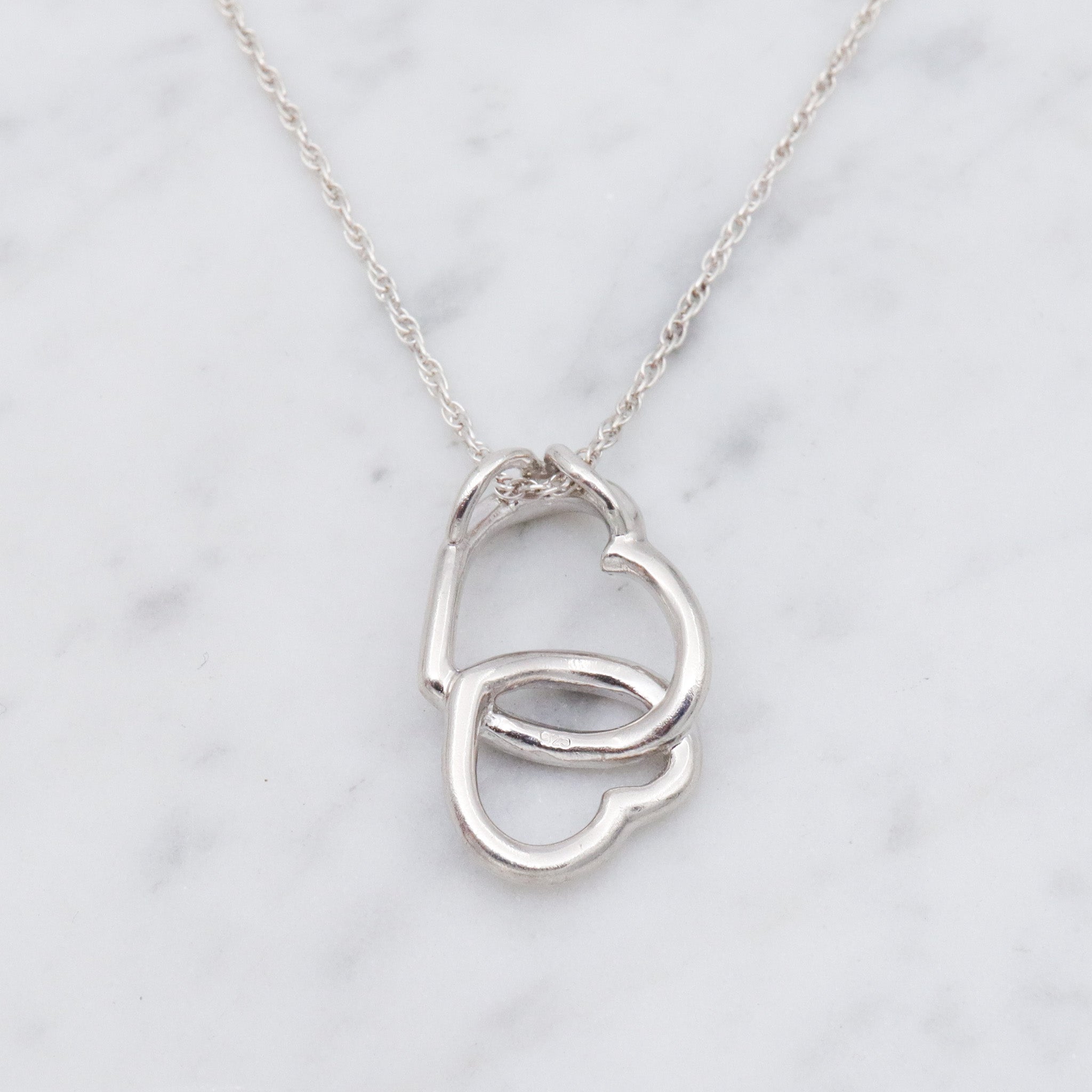 Vintage sterling silver double open heart pendant necklace