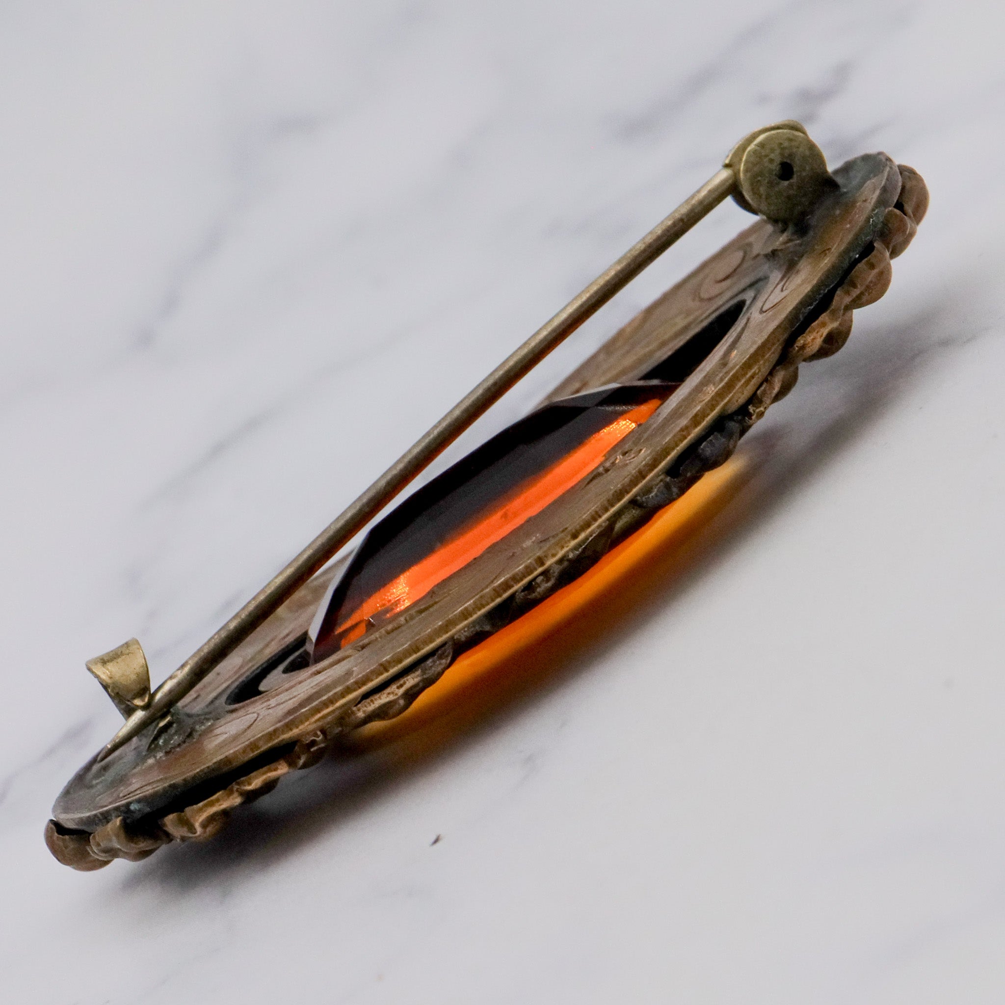 Antique Art Nouveau brass & amber glass buckle brooch