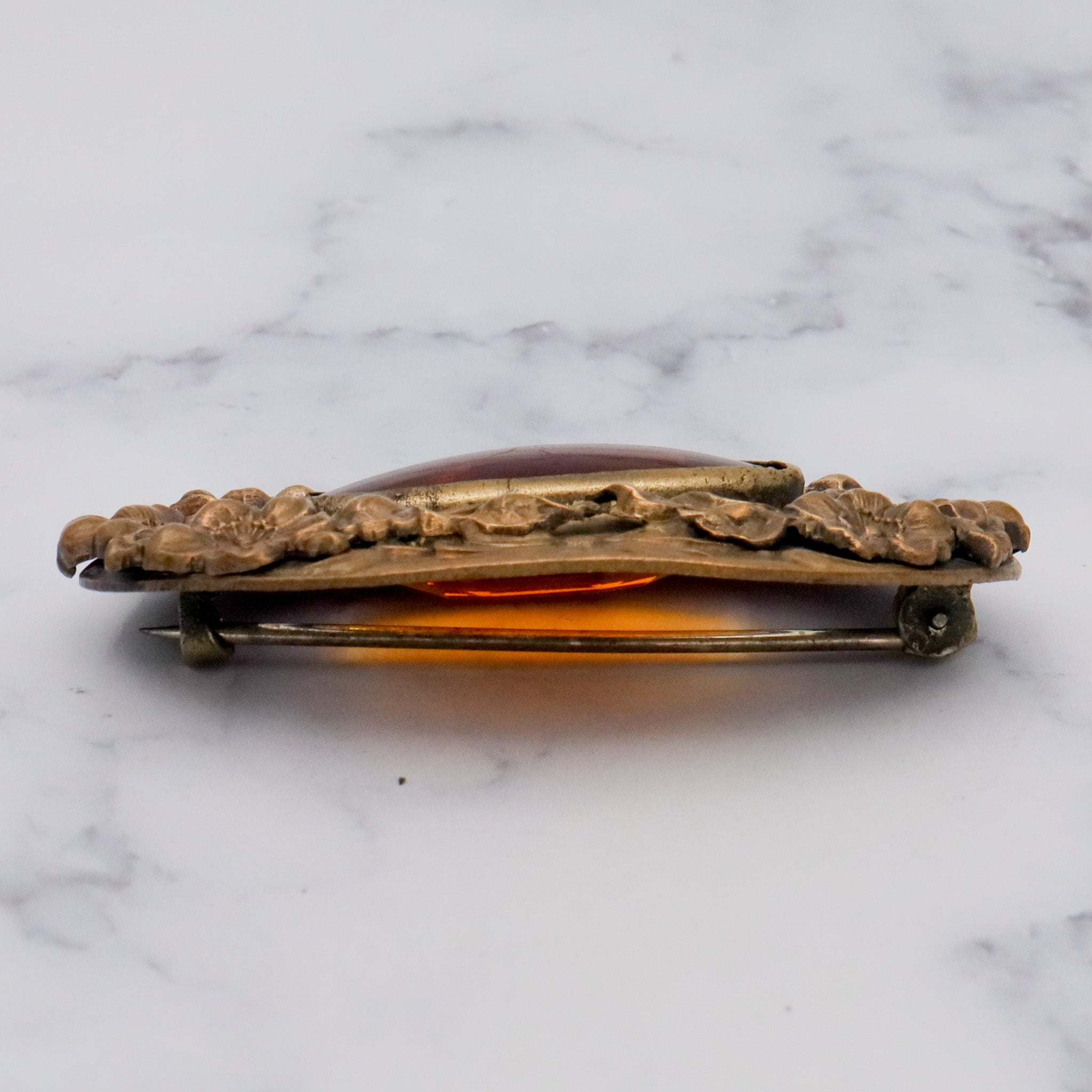 Antique Art Nouveau brass & amber glass buckle brooch