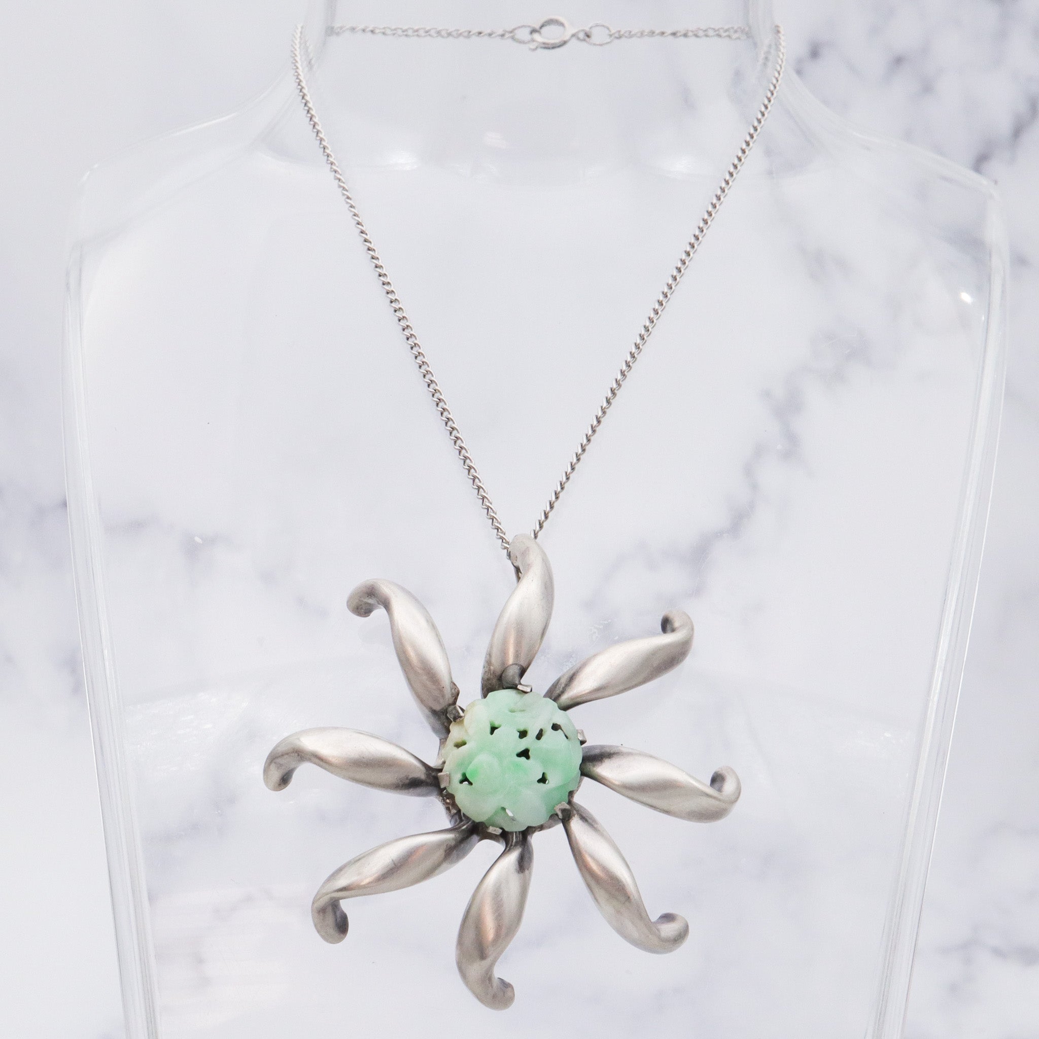 Antique Art Deco sterling silver Chinese carved jade flower pendant