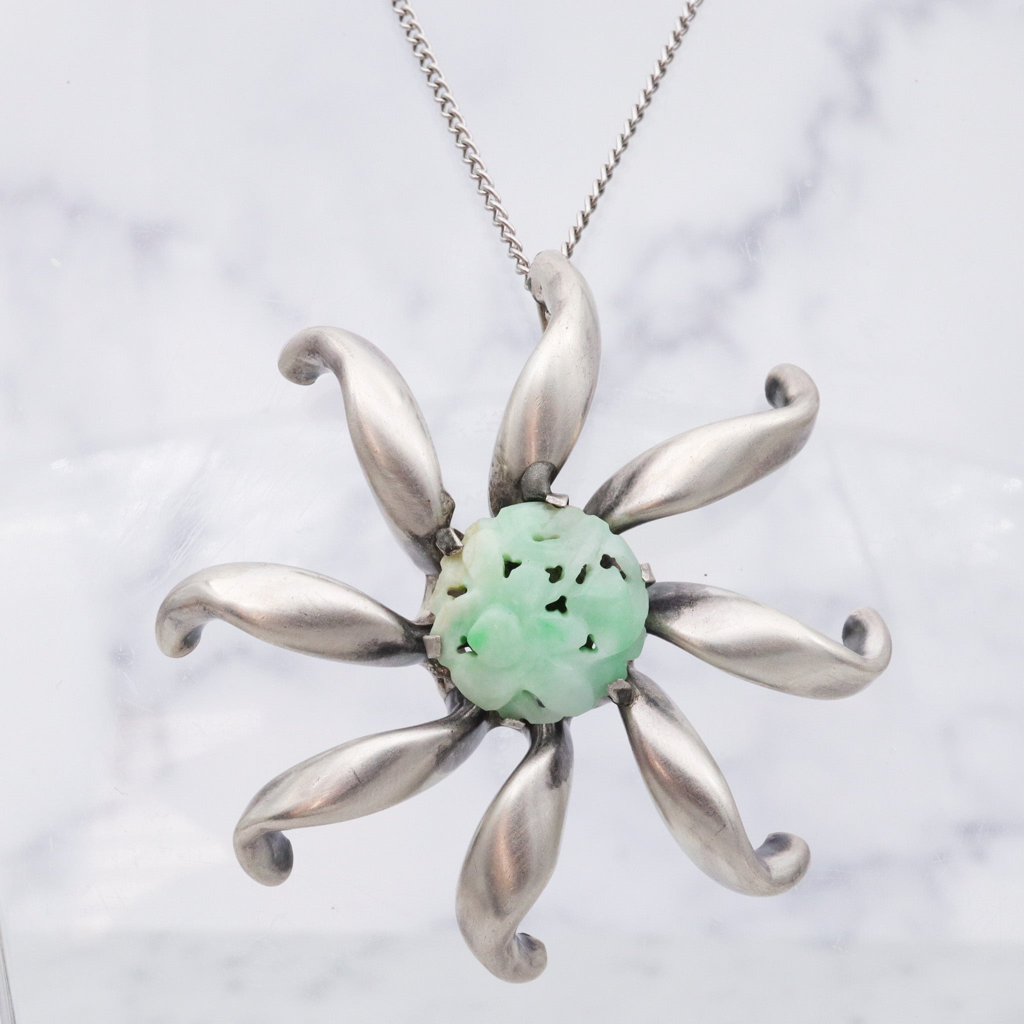 Antique Art Deco sterling silver Chinese carved jade flower pendant
