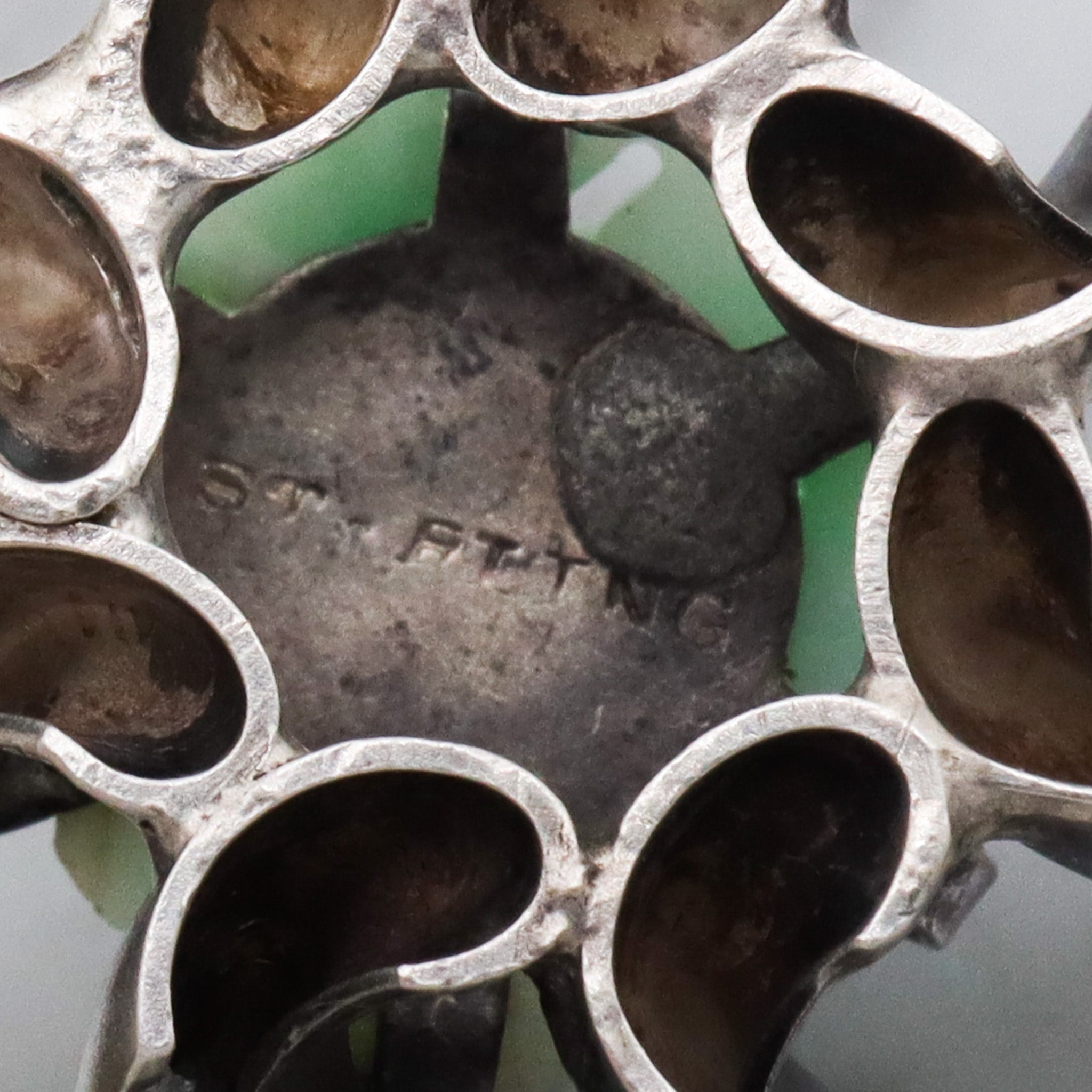 Antique Art Deco sterling silver Chinese carved jade flower pendant