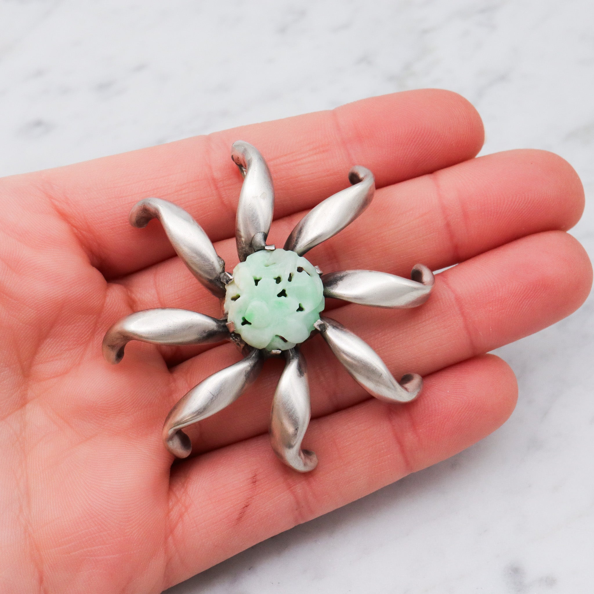 Antique Art Deco sterling silver Chinese carved jade flower pendant