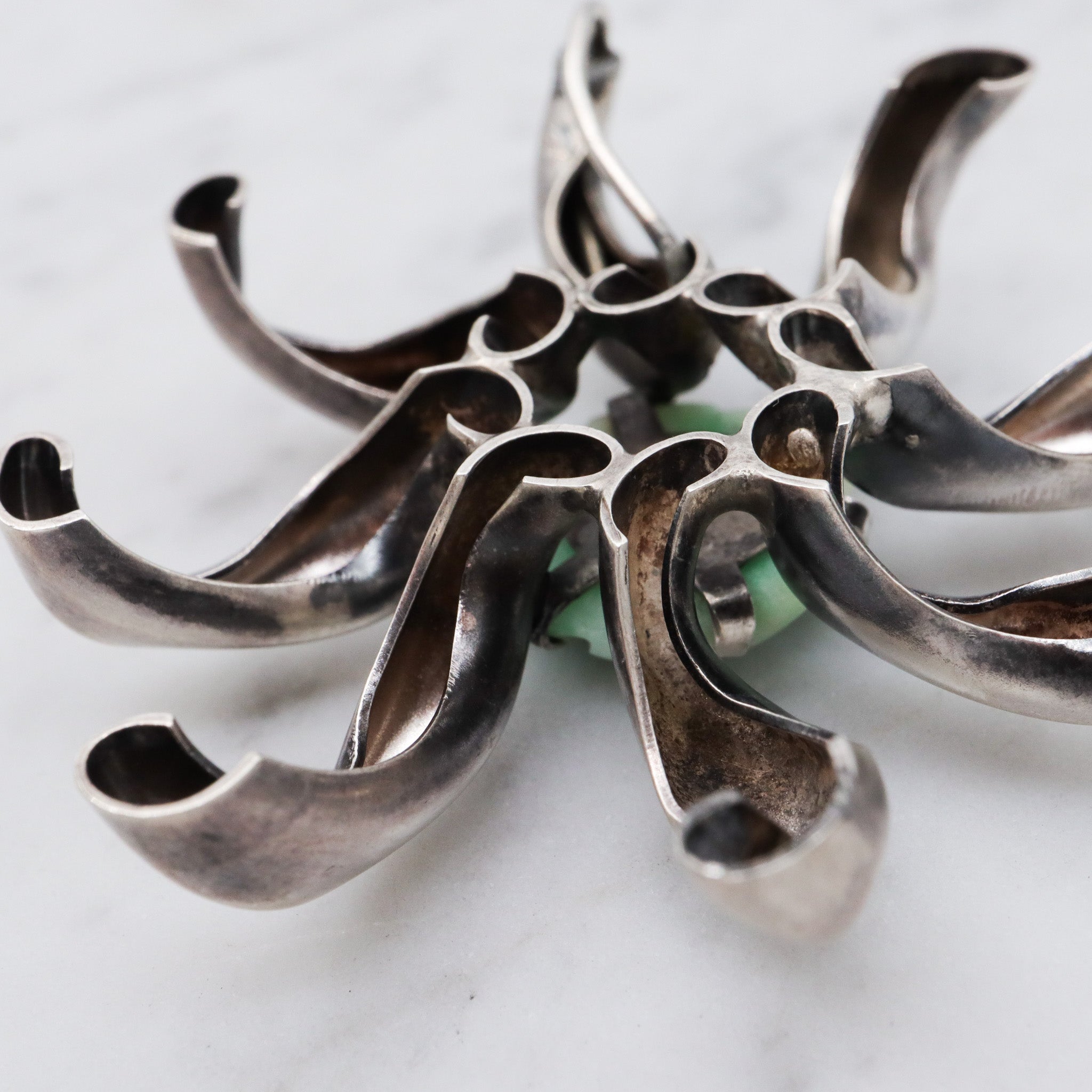 Antique Art Deco sterling silver Chinese carved jade flower pendant