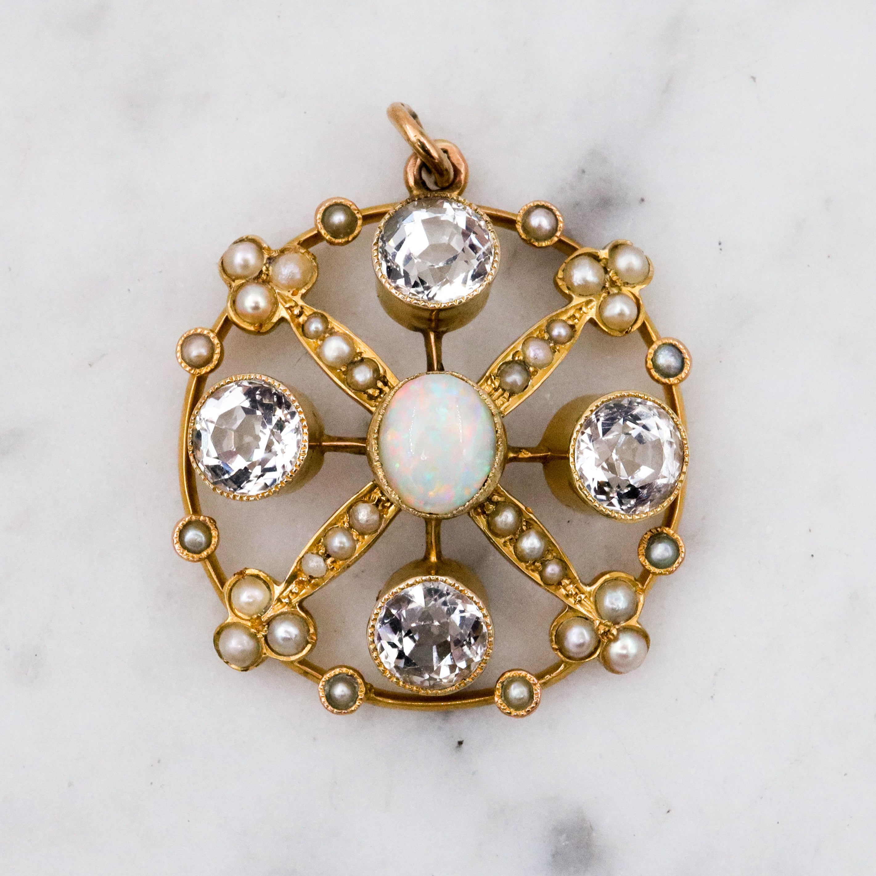 Antique Belle Epoque opal, white topaz, & pearl 9k gold circle pendant