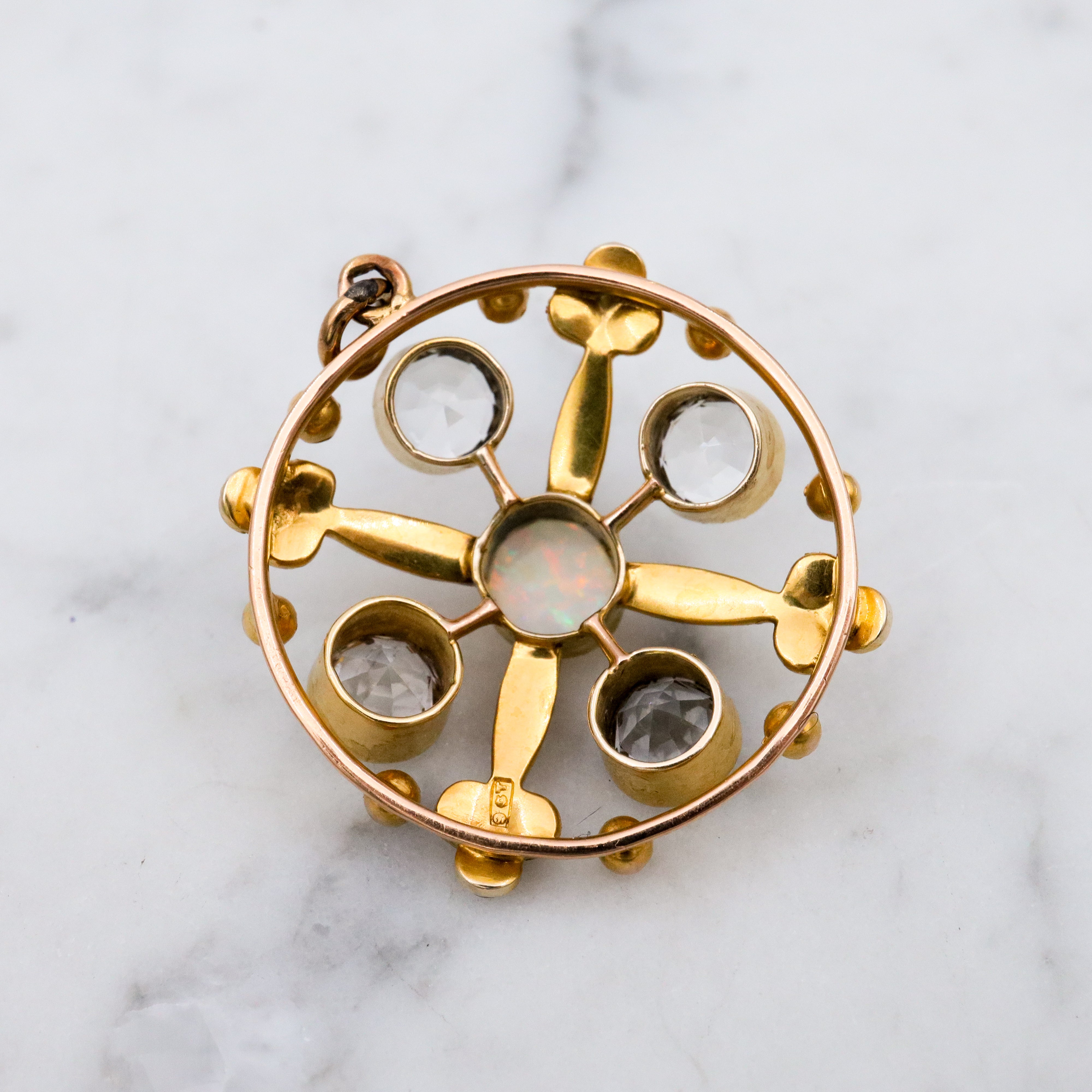 Antique Belle Epoque opal, white topaz, & pearl 9k gold circle pendant