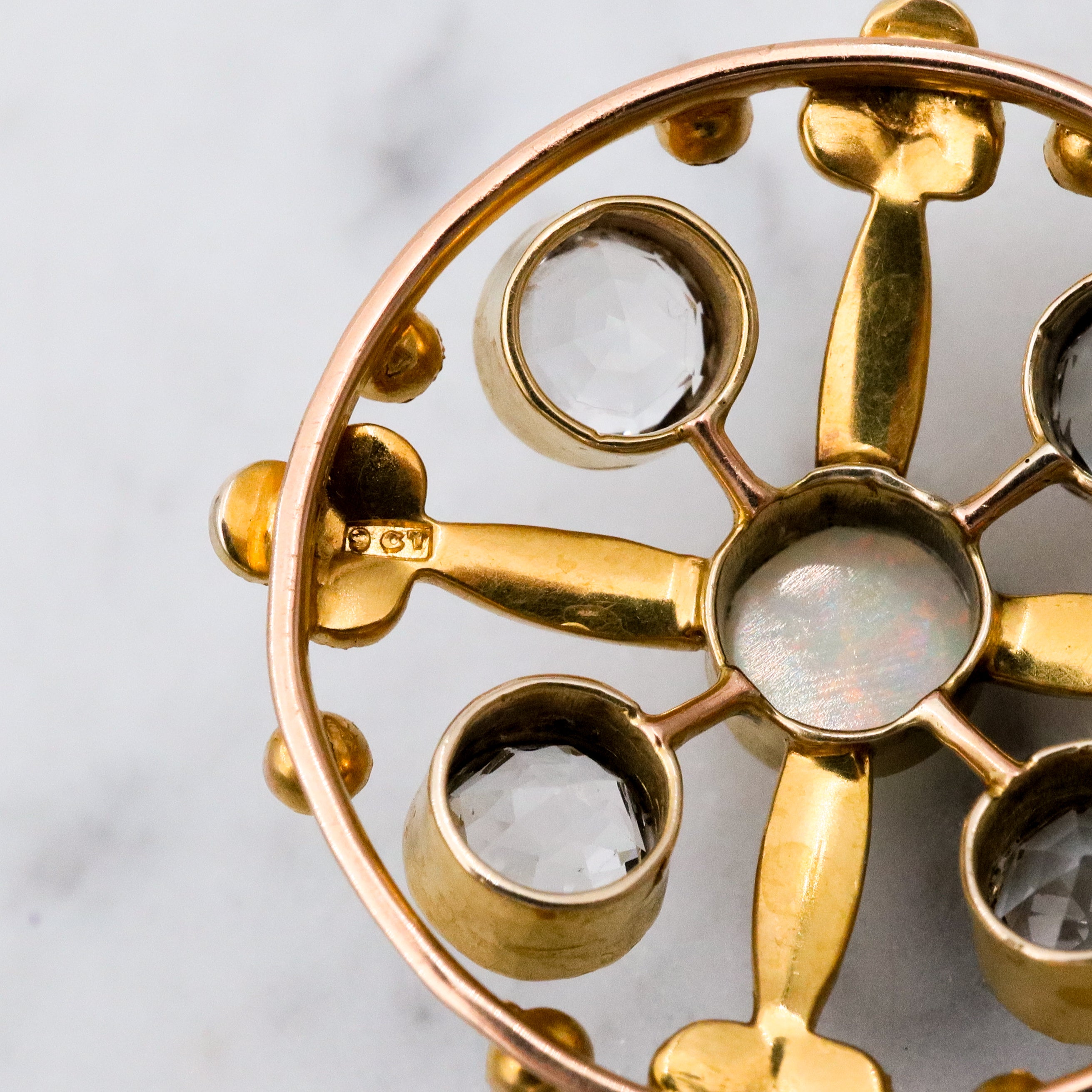 Antique Belle Epoque opal, white topaz, & pearl 9k gold circle pendant