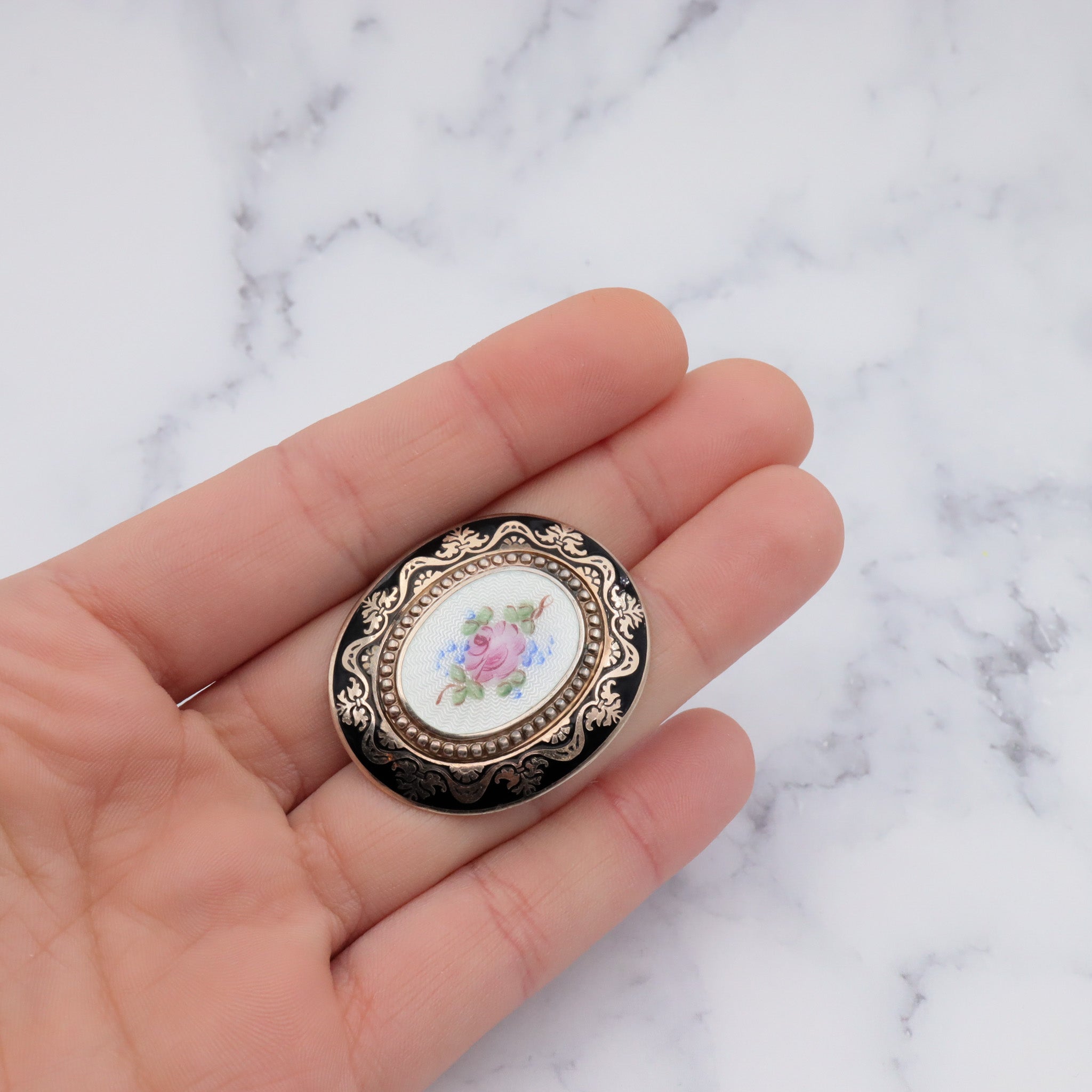 Antique Victorian gold filled and hand-painted guilloche enamel brooch