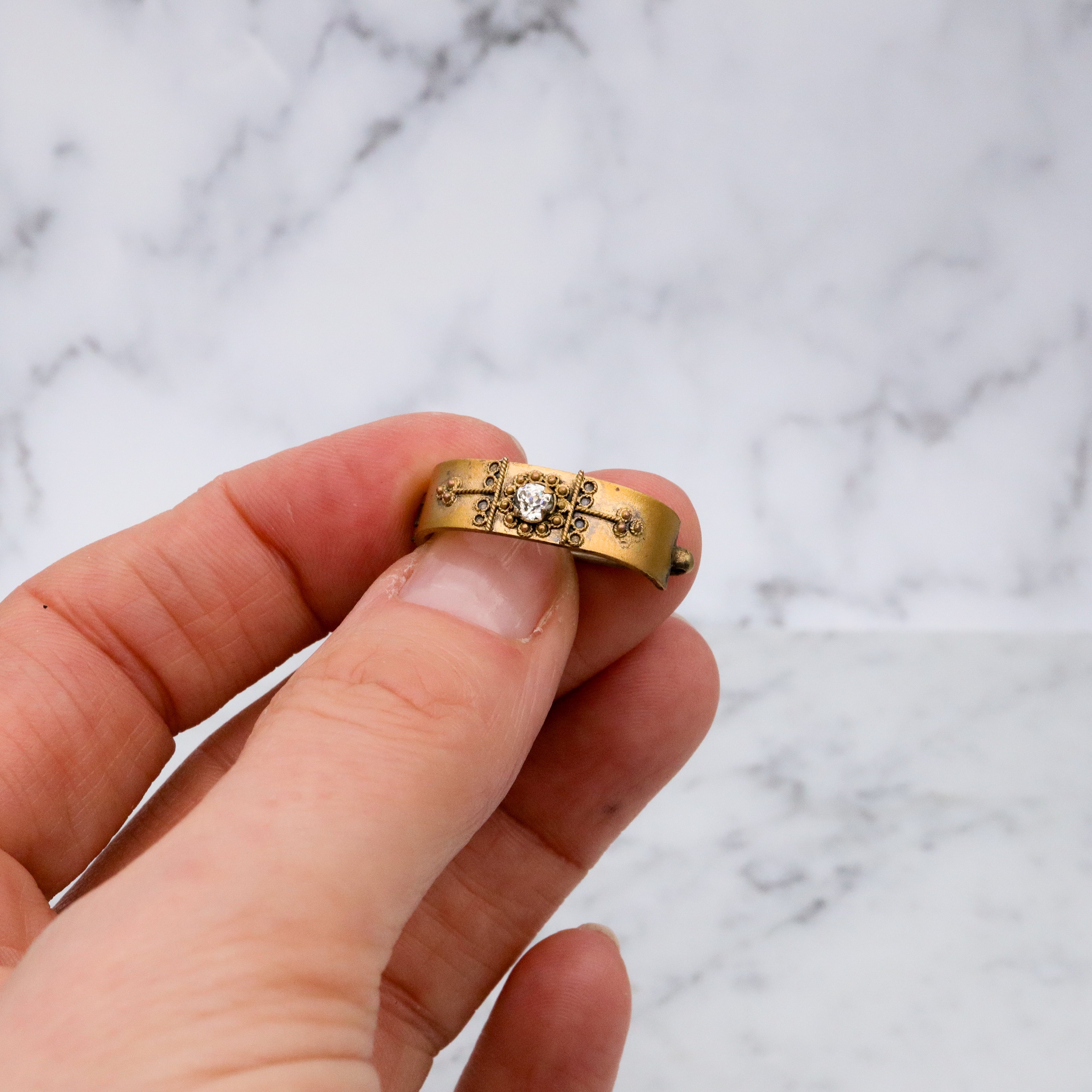 Antique Etruscan Revival gilt metal buckle scarf clip with paste crystal